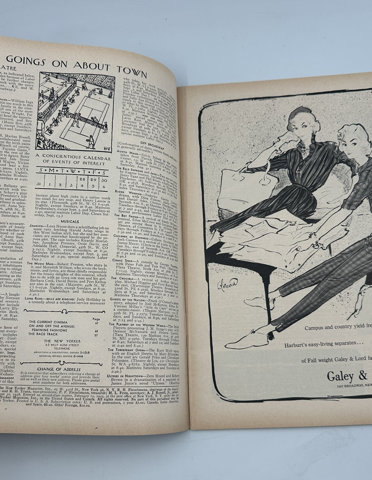 Interior page from The New Yorker Magazine August 30, 1958 Waterfront Artist Rooms Arthur Getz Cover VG, featuring illustrated editorial content and a vintage fashion or lifestyle advertisement.