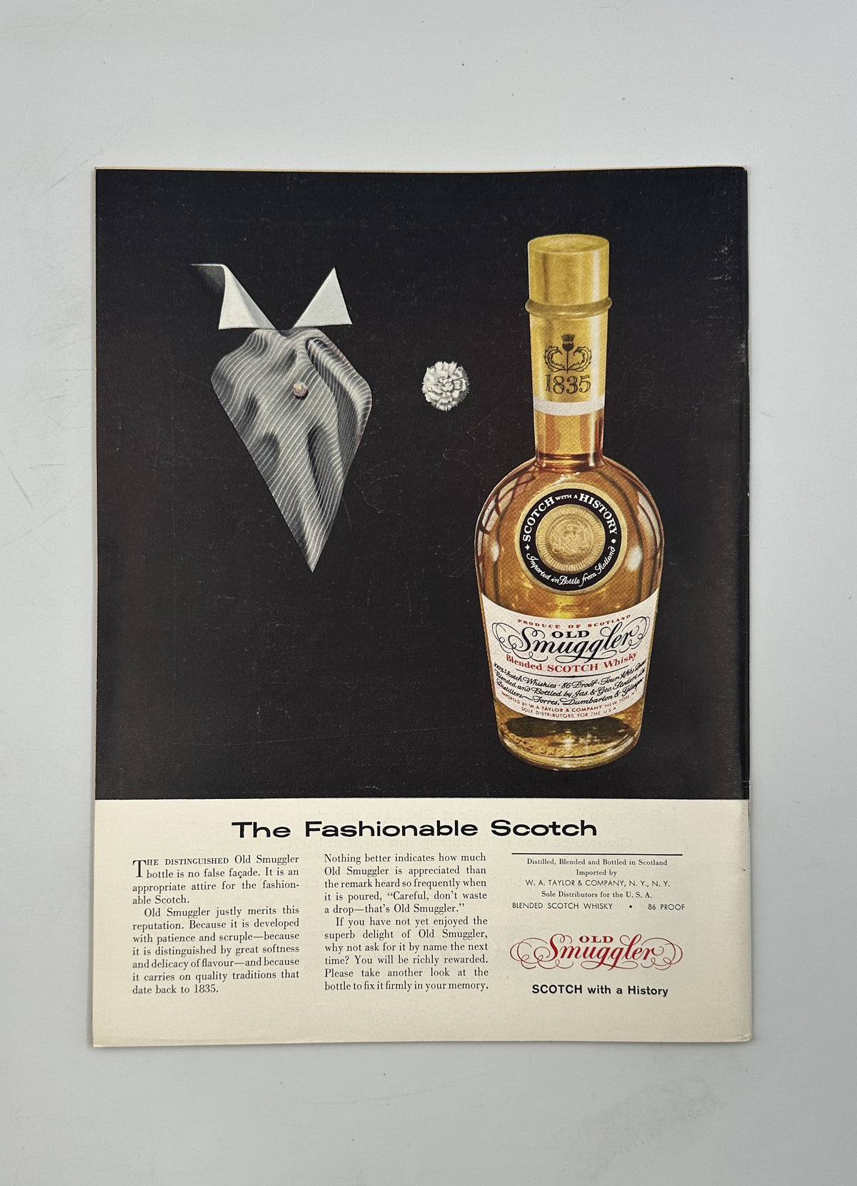 Vintage Scotch whisky advertisement inside The New Yorker Magazine August 30, 1958 Waterfront Artist Rooms Arthur Getz Cover VG, showing a whisky bottle, bow tie, and the headline “The Fashionable Scotch.”