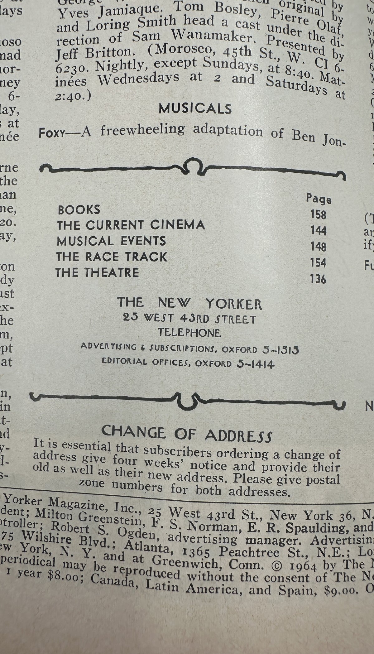 The New Yorker Magazine March 28, 1964 White Lily Floral Abe Birnbaum Cover VG, showing the printed table of contents with Books, The Current Cinema, Musical Events, The Race Track, and The Theatre.