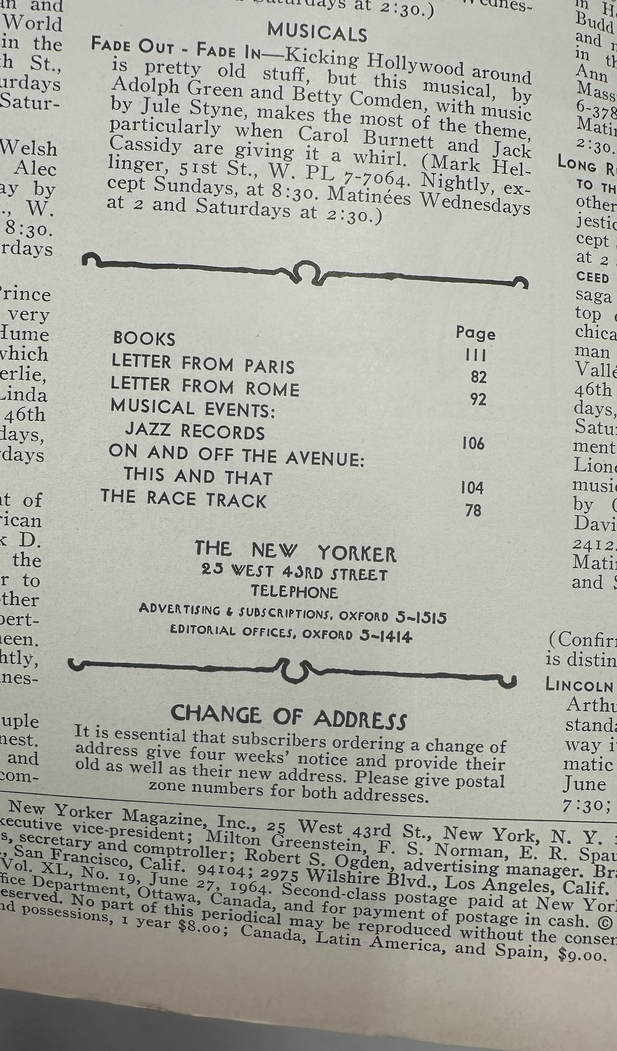 The New Yorker Magazine June 27, 1964 Museum Ceiling Art Anatol Kovarsky Cover VG, showing the table of contents and magazine publication information.