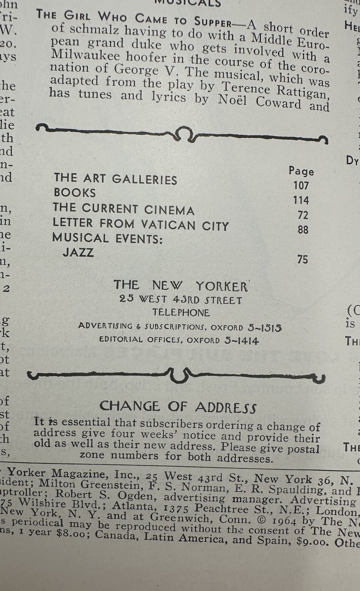 The New Yorker Magazine January 18, 1964 Restaurant Waiter Art Peter Arno Cover VG, showing the printed table of contents and magazine publication information.