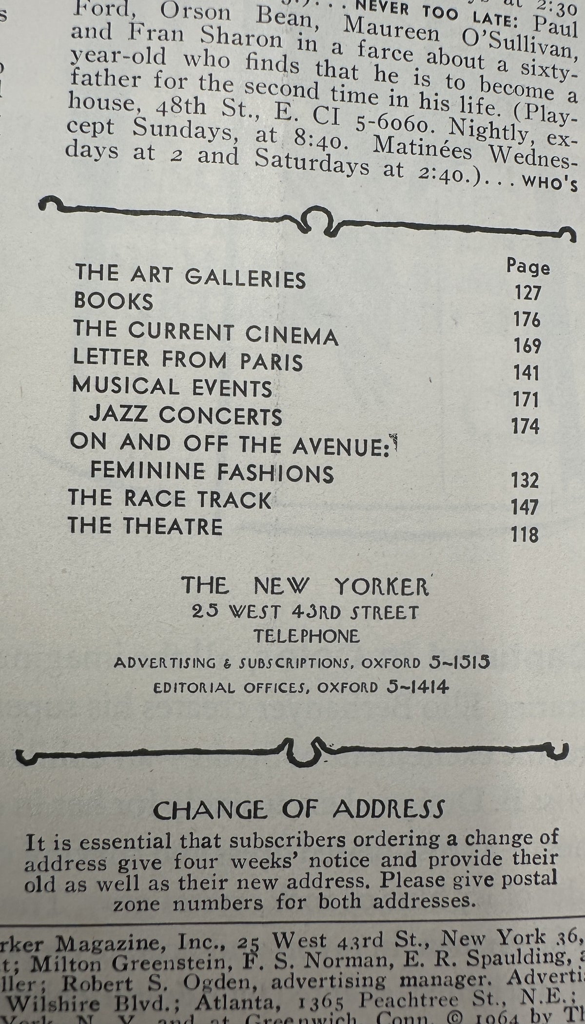 The New Yorker Magazine March 7, 1964 Art Gallery Museum Charles D. Saxon Cover VG, showing the printed table of contents and publication information page