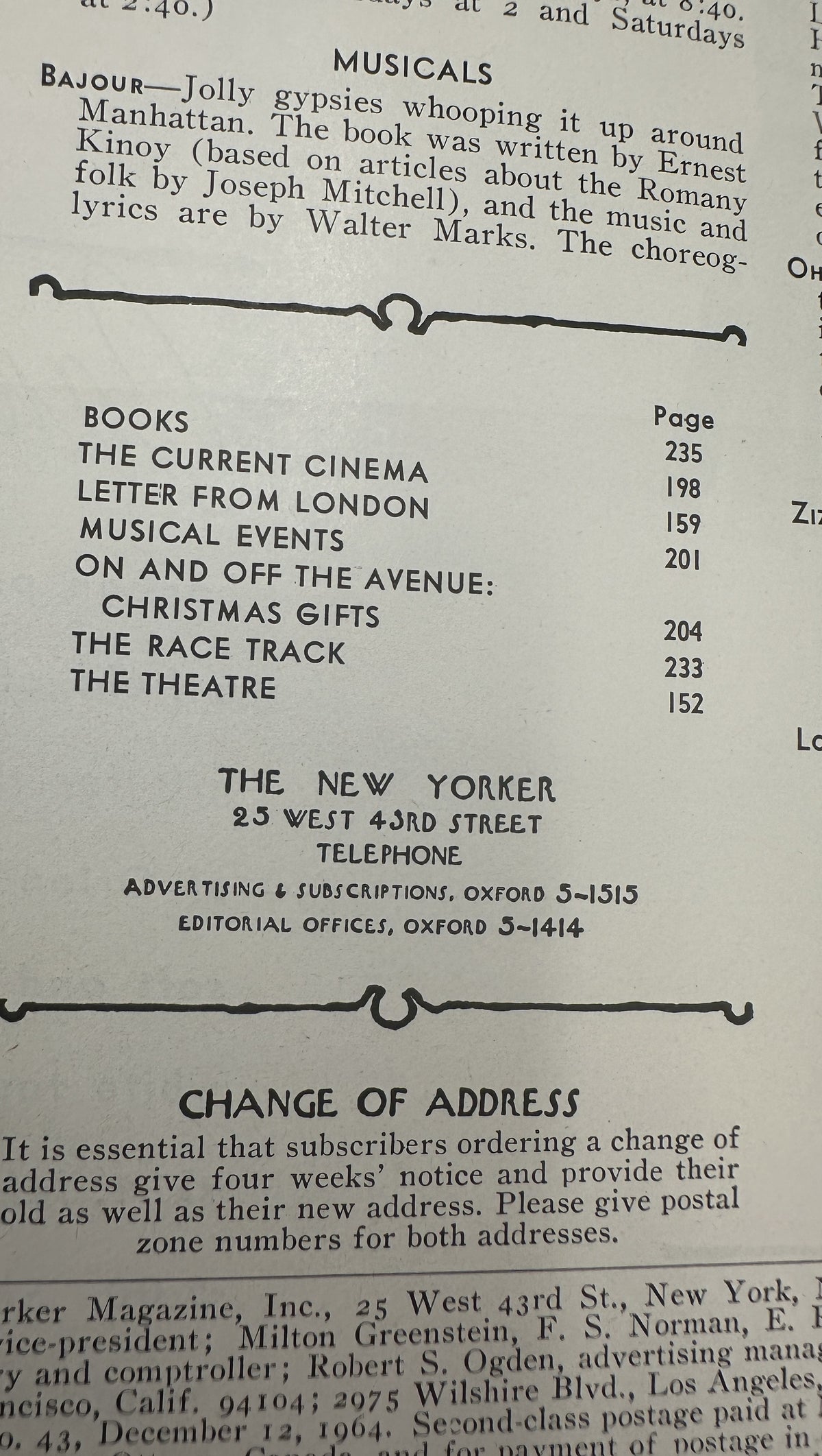 The New Yorker Magazine December 12, 1964 Beach Woman Art Charles D. Saxon Cover VG, showing the table of contents and magazine publication information.