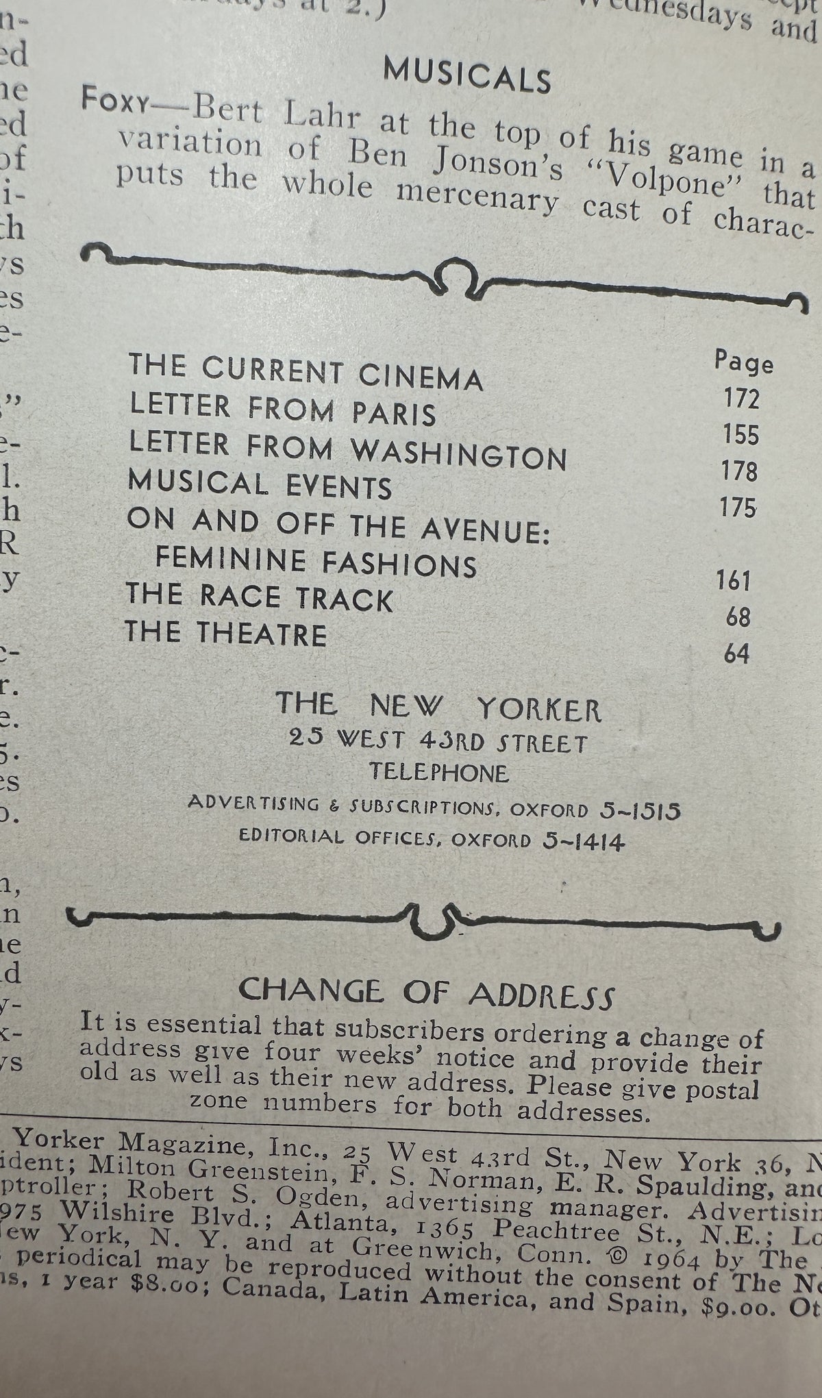 The New Yorker Magazine March 21, 1964 Night City Lights André François Cover VG, interior table of contents listing cinema, Paris, Washington, musical events, fashions, racing, and theatre features.