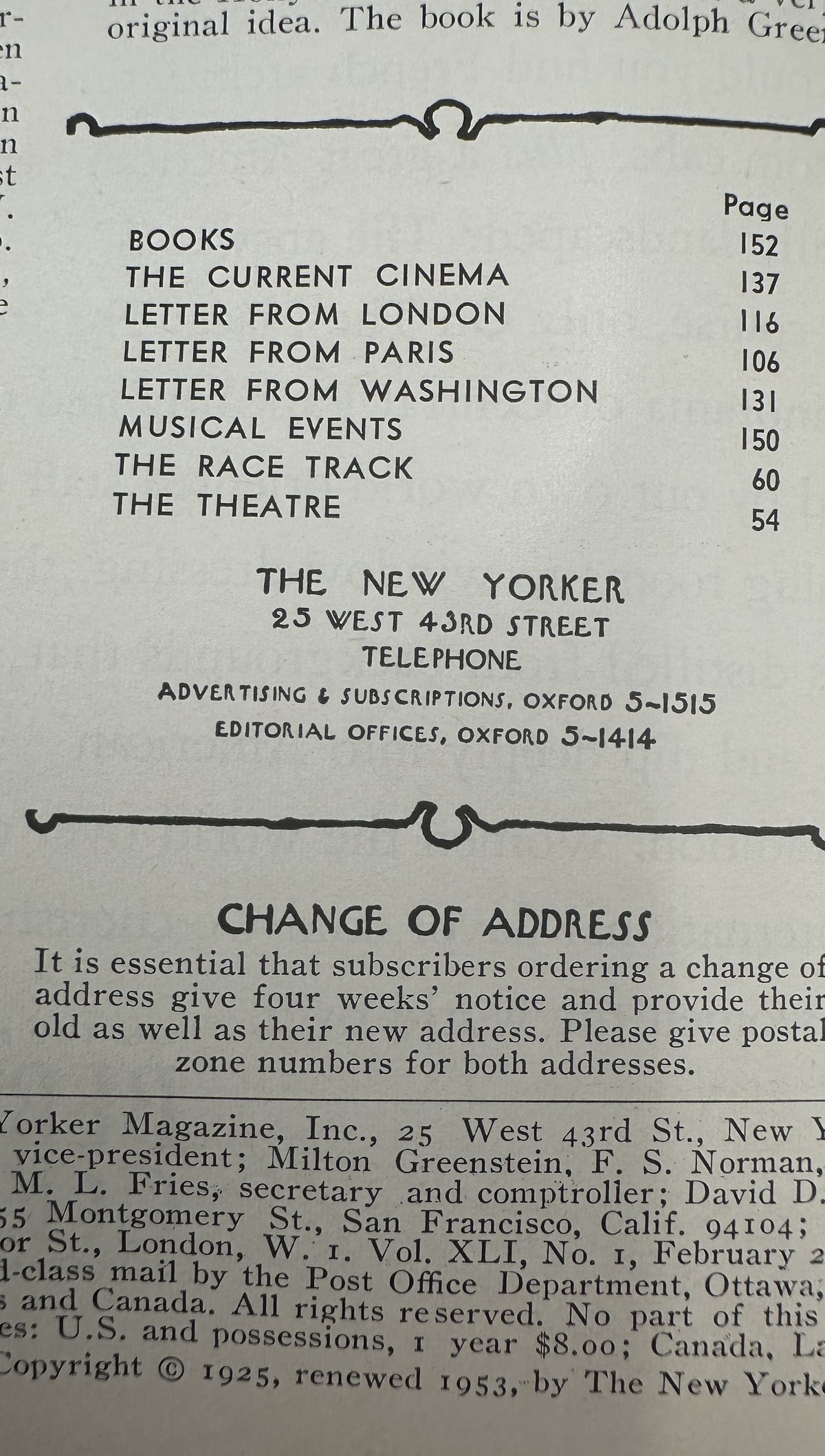 The New Yorker Magazine February 20, 1965 Top Hat Man Butterfly Rea Irvin Cover VG interior page showing the table of contents, publication information, and change of address notice