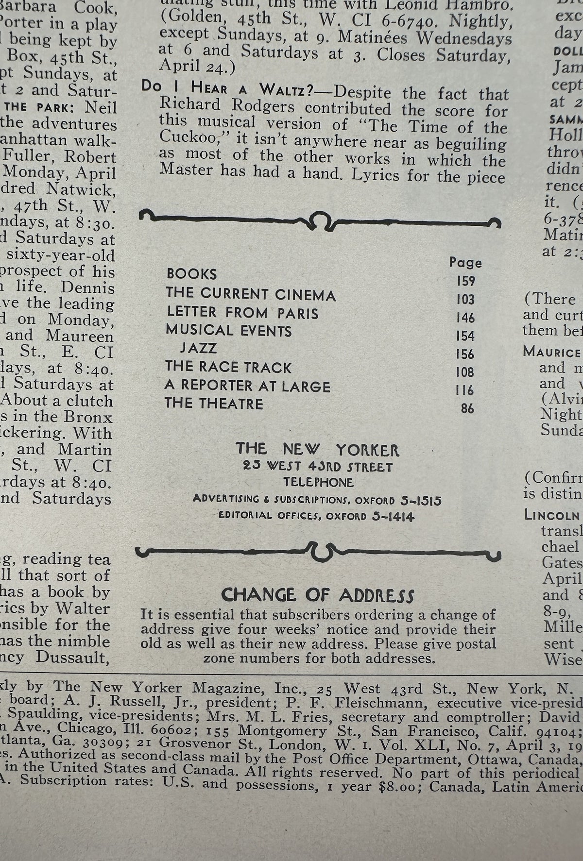 The New Yorker Magazine April 3, 1965 Zodiac Pattern Anatol Kovarsky Cover VG, showing the table of contents and magazine information page.