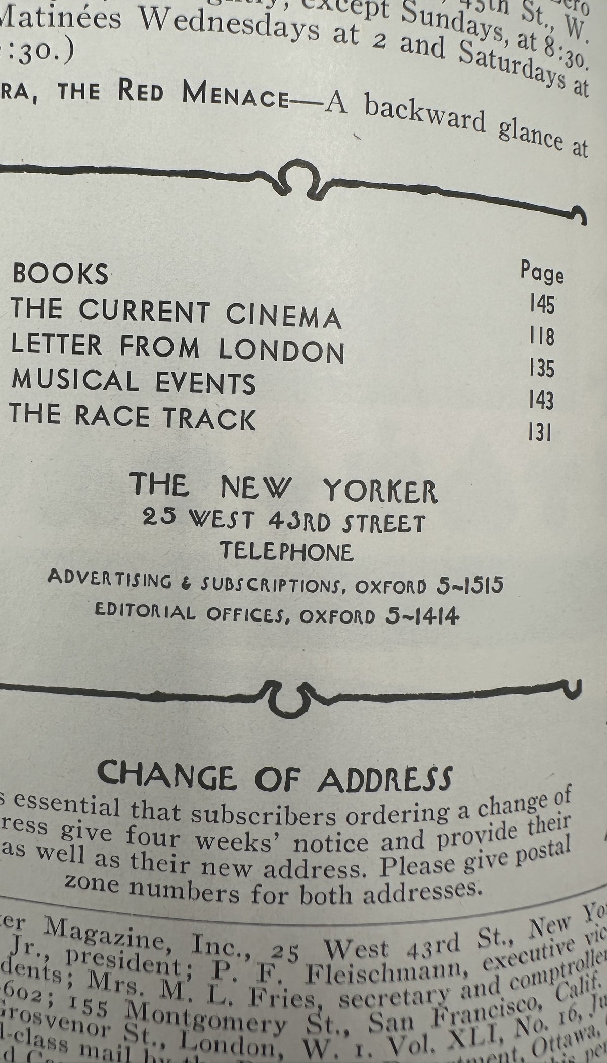 The New Yorker Magazine June 5, 1965 Golf Perry Barlow Cover VG, interior page showing the magazine table of contents with Books, The Current Cinema, Letter from London, Musical Events, and The Race Track.