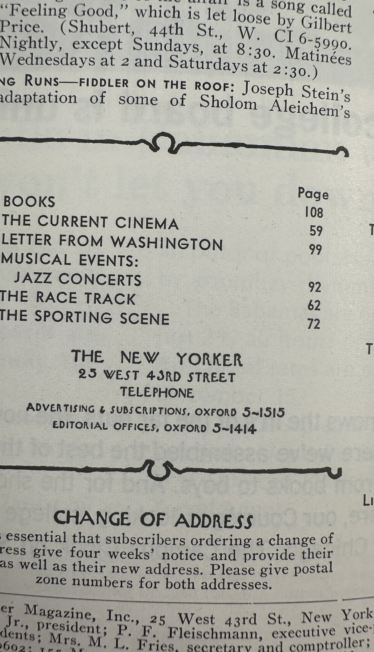 The New Yorker Magazine July 17, 1965 interior page showing the table of contents, magazine departments, subscription information, and change-of-address notice