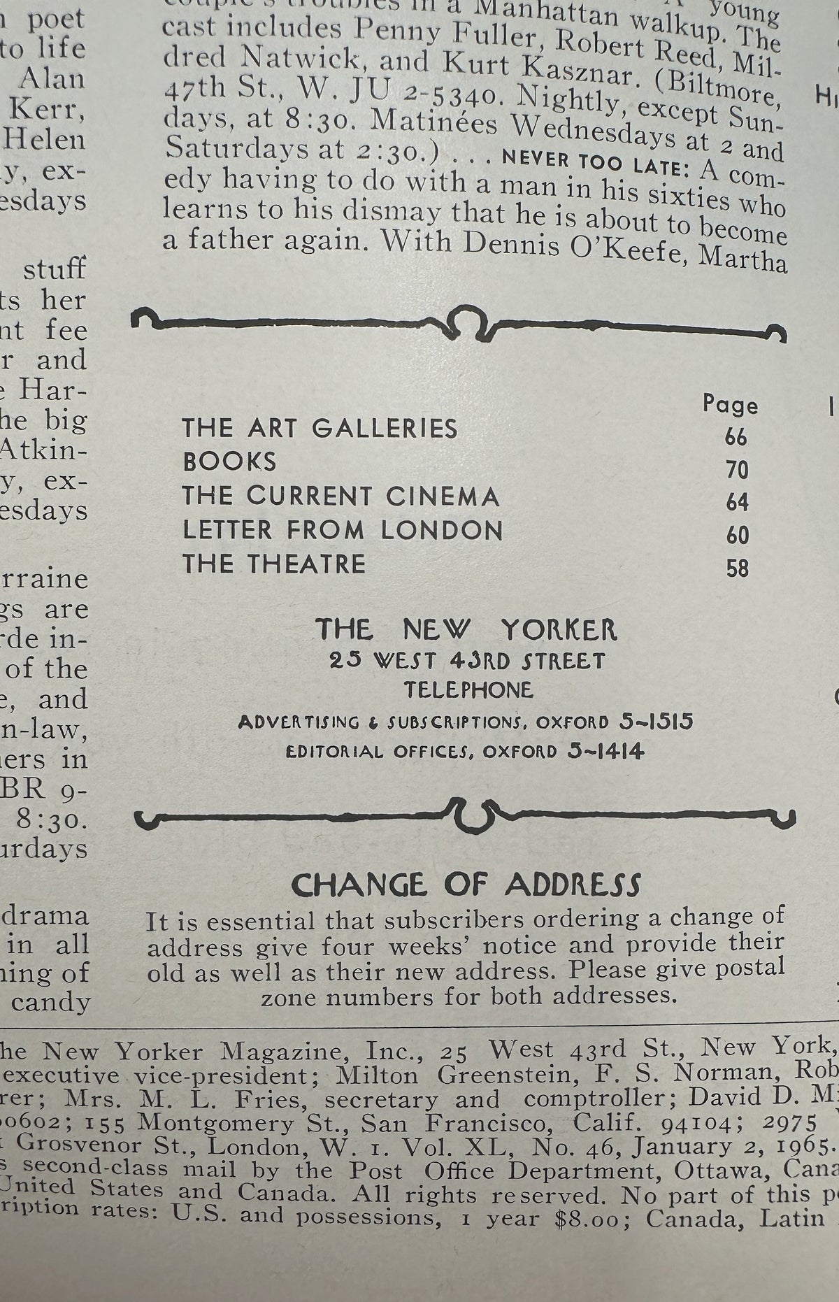 The New Yorker Magazine January 2, 1965 Abstract Party Hats Abe Birnbaum Cover VG, showing the table of contents and Change of Address page