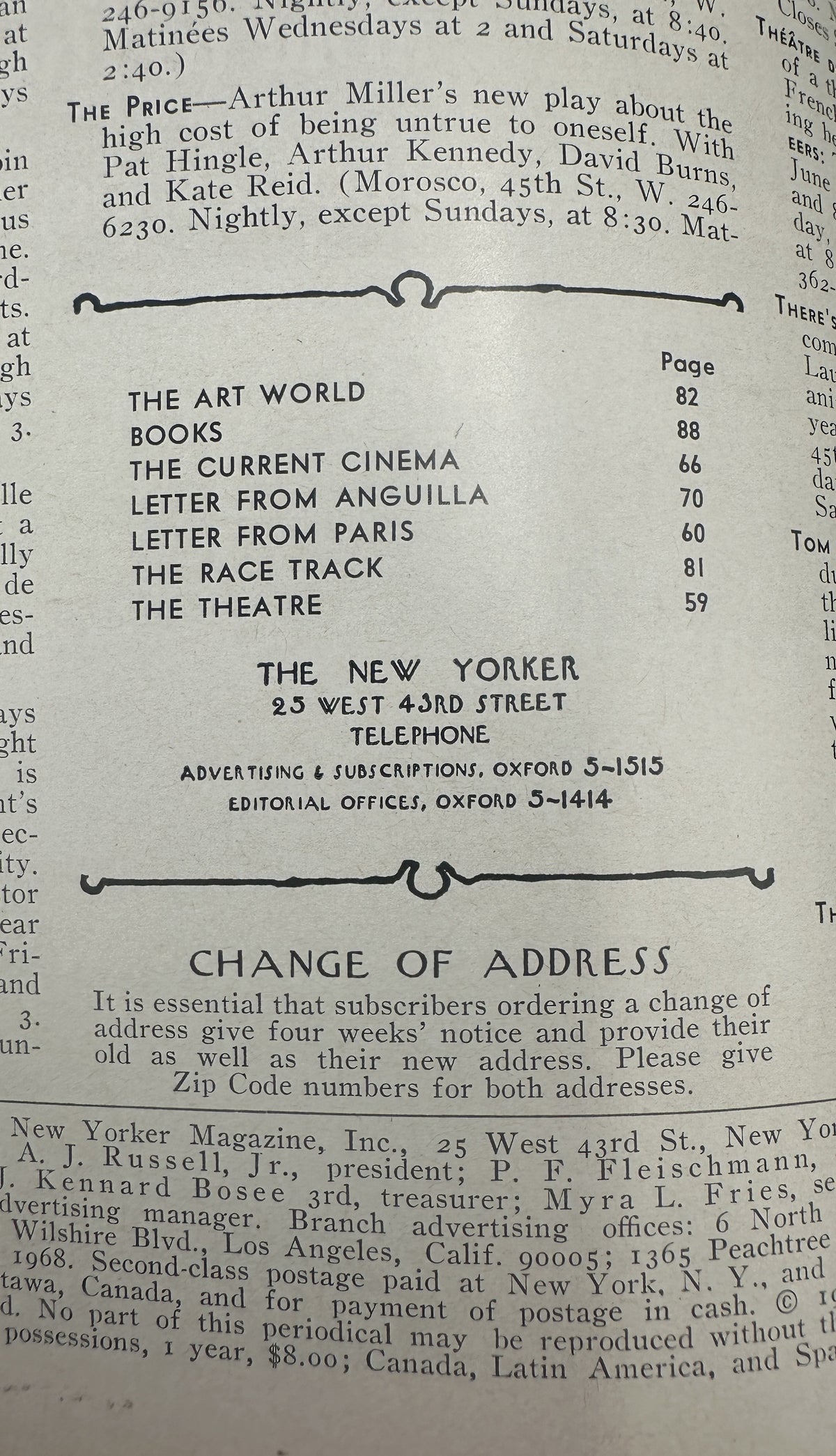 The New Yorker Magazine June 22, 1968 Italy Travel Agency Beatrice Szanton Cover VG, table of contents page listing The Art World, Books, The Current Cinema, Letters from Anguilla and Paris, The Race Track, and The Theatre.