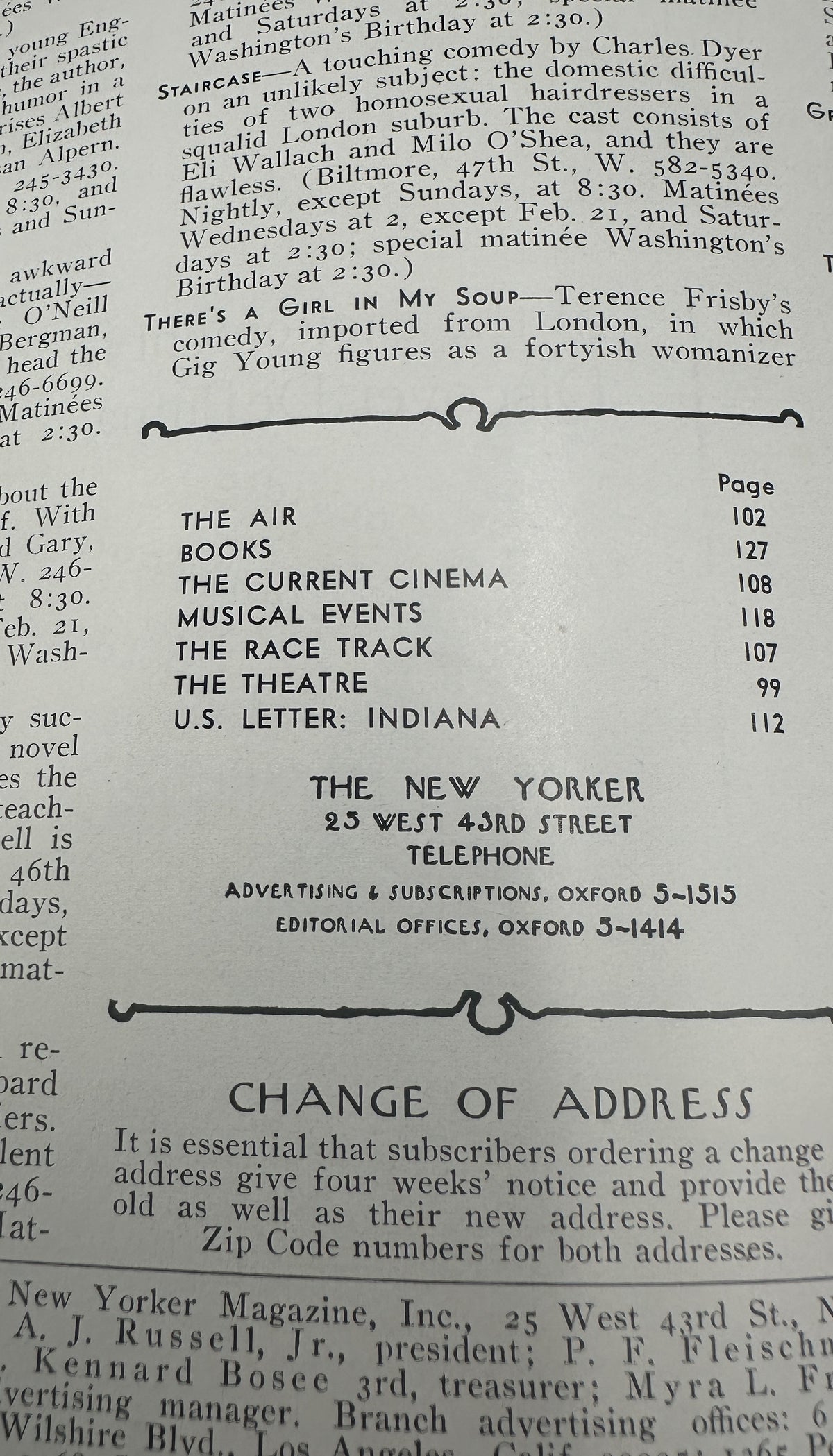 The New Yorker Magazine February 17, 1968 Snowplow James Stevenson Cover VG, showing the interior table of contents and change of address page.