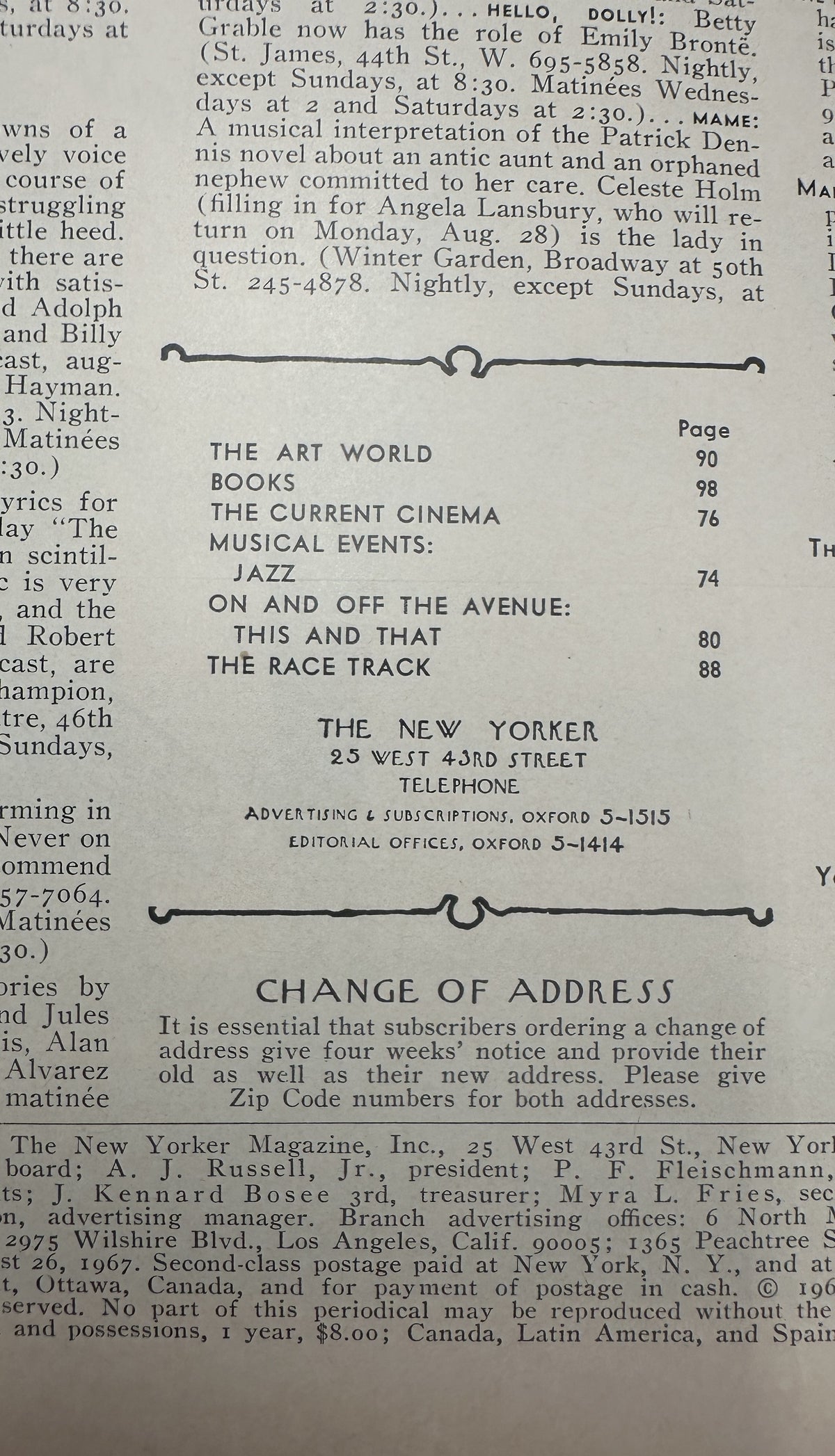 The New Yorker Magazine August 26, 1967 Whimsical Tree Art Saul Steinberg Cover VG, showing the table of contents with sections for art, books, cinema, jazz, and the race track.