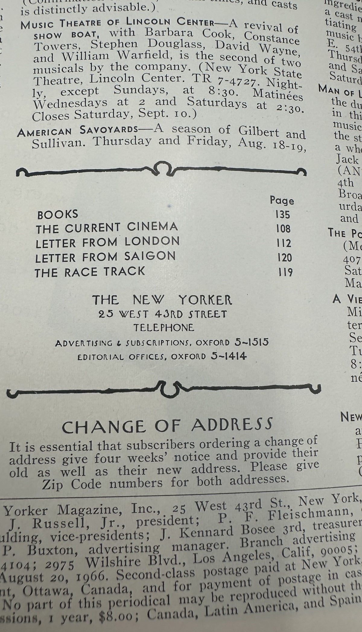 The New Yorker Magazine August 20, 1966 Flower Insect William Steig Cover VG, showing the table of contents and change of address page.