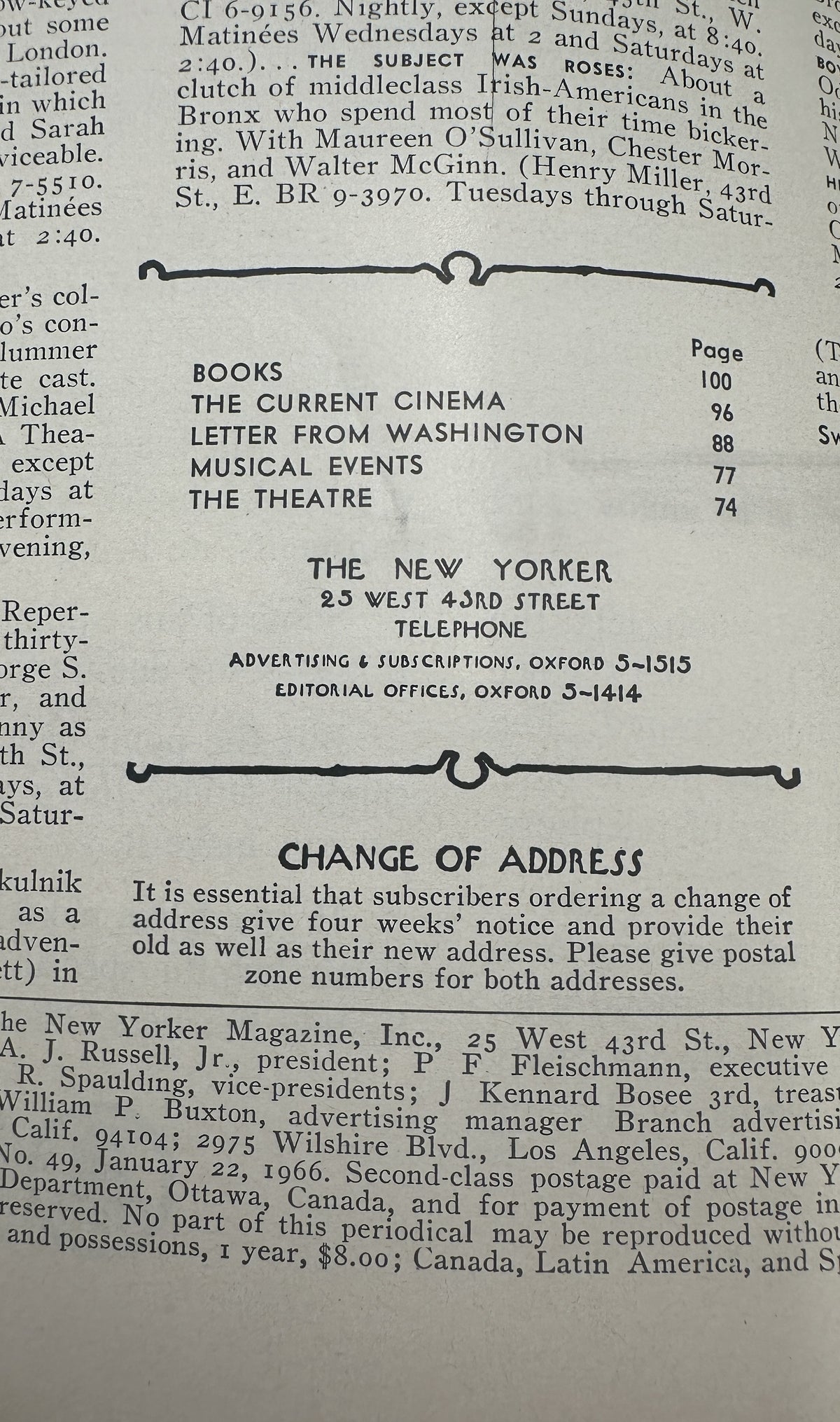 The New Yorker Magazine January 22, 1966 Seashell Beach Abe Birnbaum Cover VG, open to the table of contents page listing Books, The Current Cinema, Letter from Washington, Musical Events, and The Theatre.