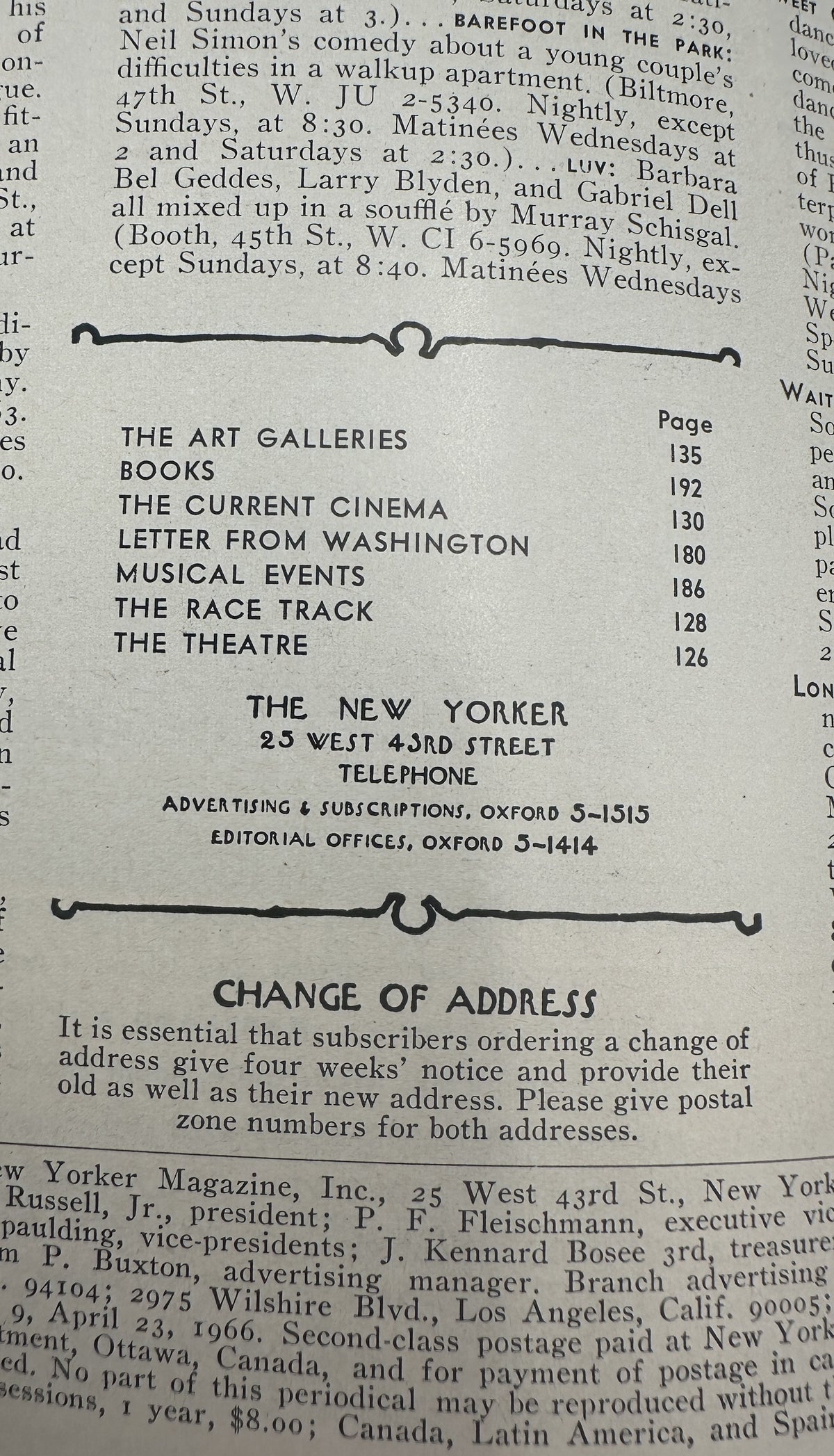 The New Yorker Magazine April 23, 1966 Lamps Interior Charles Martin Cover VG showing the table of contents and change of address page