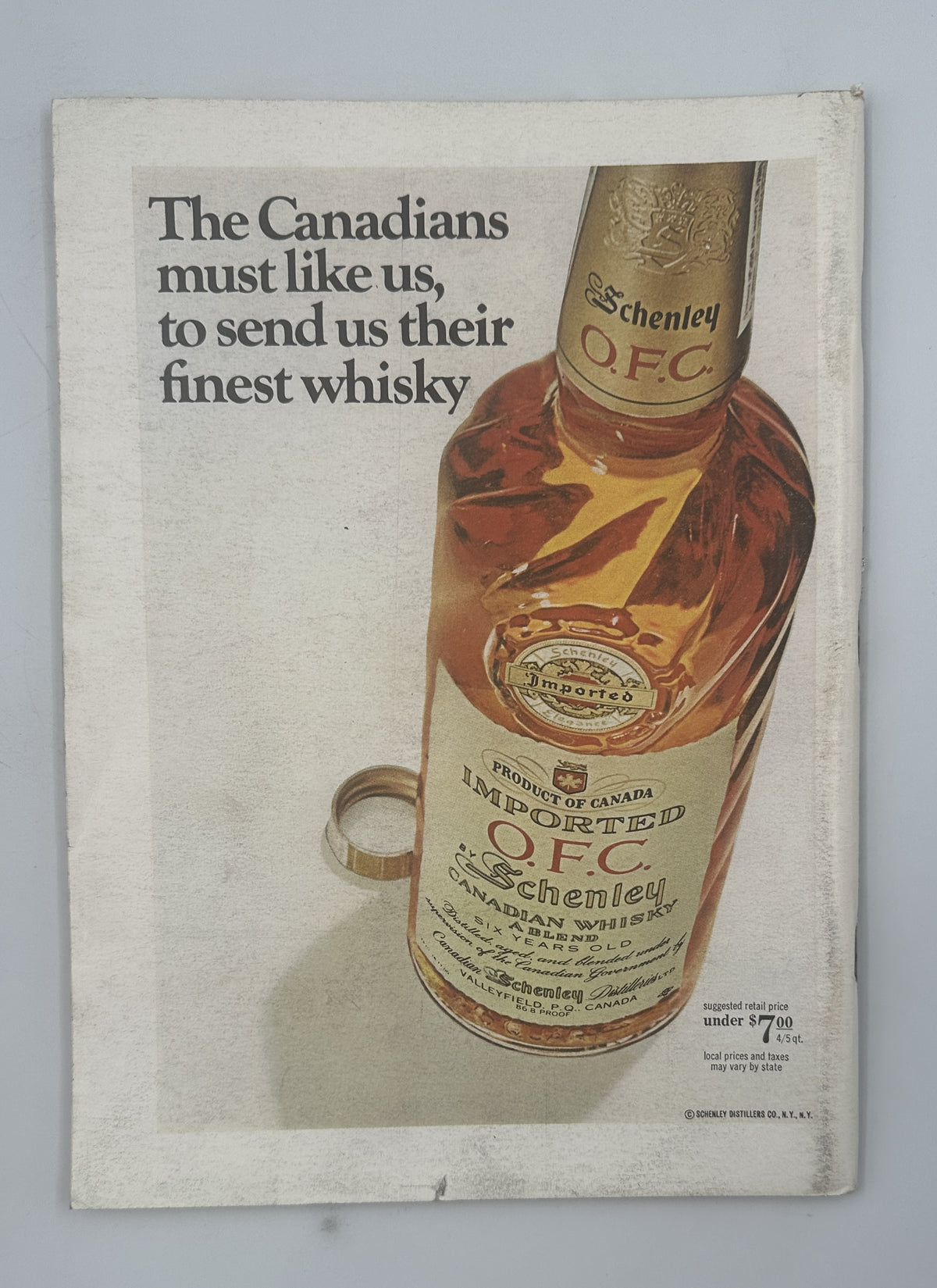 The New Yorker Magazine September 23, 1967 Night Clock Moon André François Cover, featuring a vintage Canadian whisky advertisement with a bottle of Seagram's V.O.F. whisky.