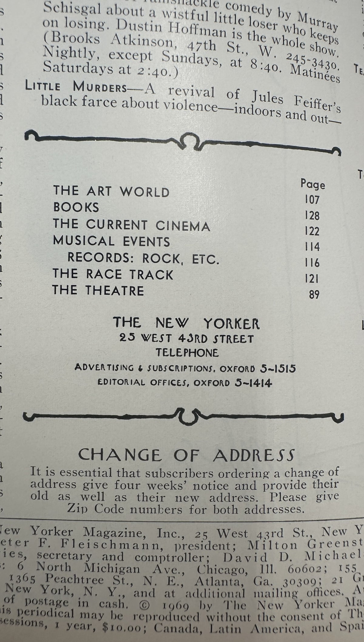 The New Yorker Magazine February 22, 1969 Top Hat Butterfly Rea Irvin Cover showing the table of contents, magazine departments, publisher information, and change of address notice.