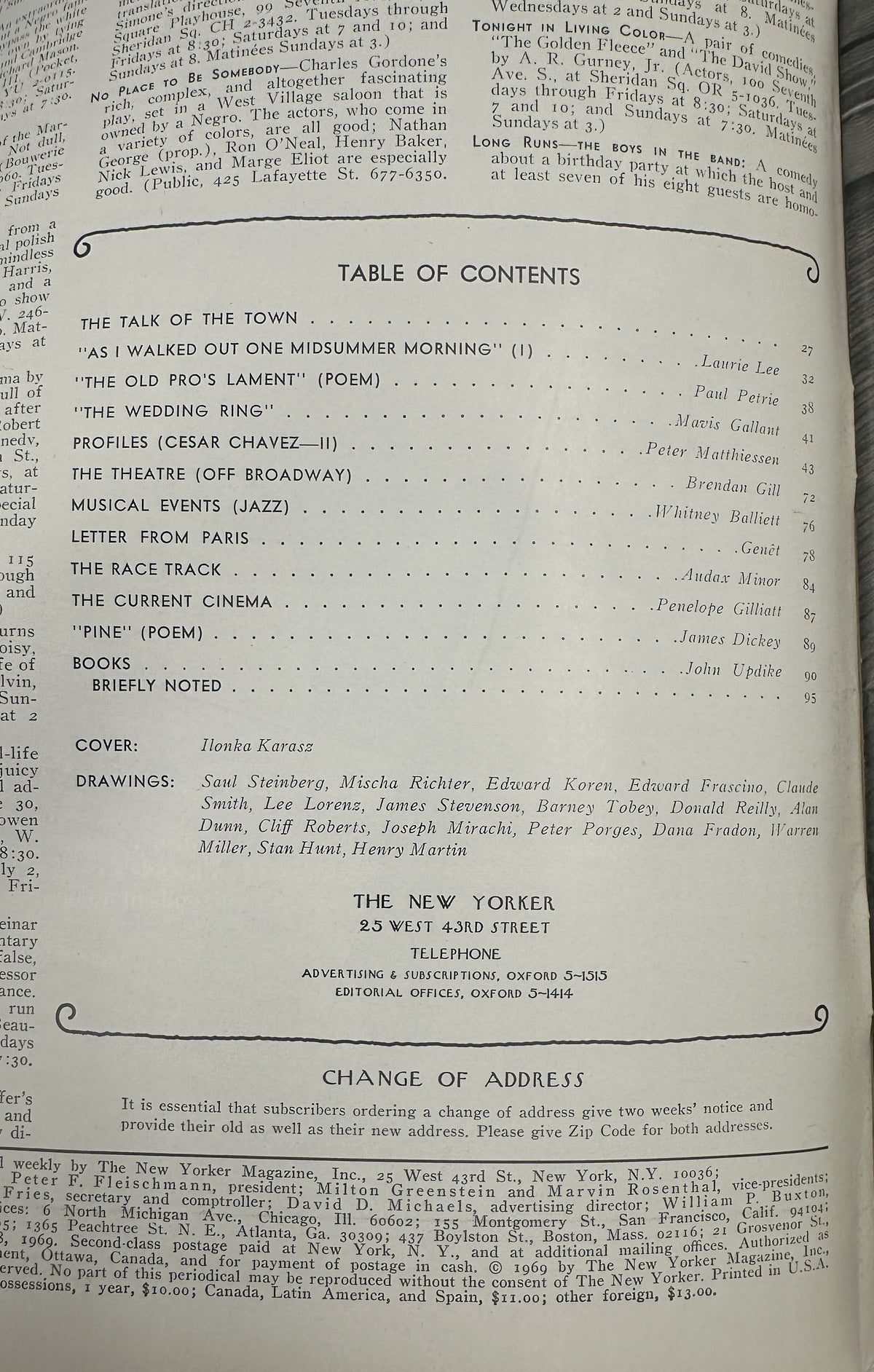 The New Yorker Magazine June 28, 1969 Flower Vase Ilonka Karasz Cover, interior table of contents page with featured articles, poems, profiles, and drawings