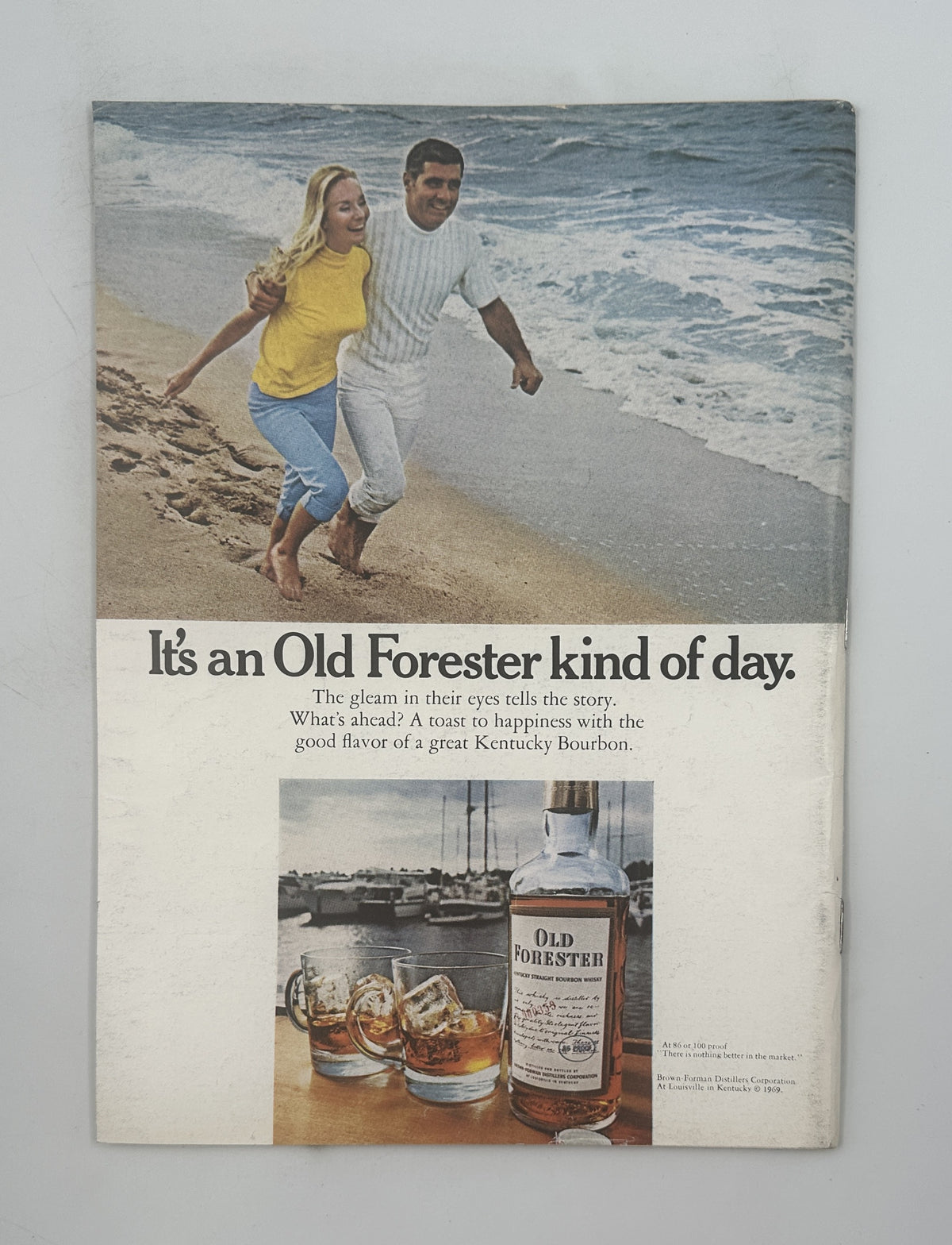 The New Yorker Magazine June 28, 1969 Flower Vase Ilonka Karasz Cover, vintage Old Forester bourbon advertisement showing a couple walking along a beach