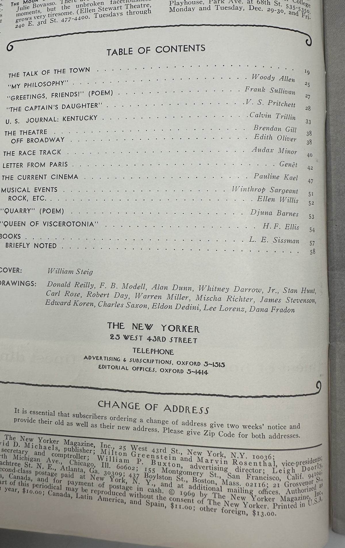 The New Yorker Magazine December 27, 1969 Christmas Gifts William Steig Cover showing the magazine table of contents and the Change of Address page.
