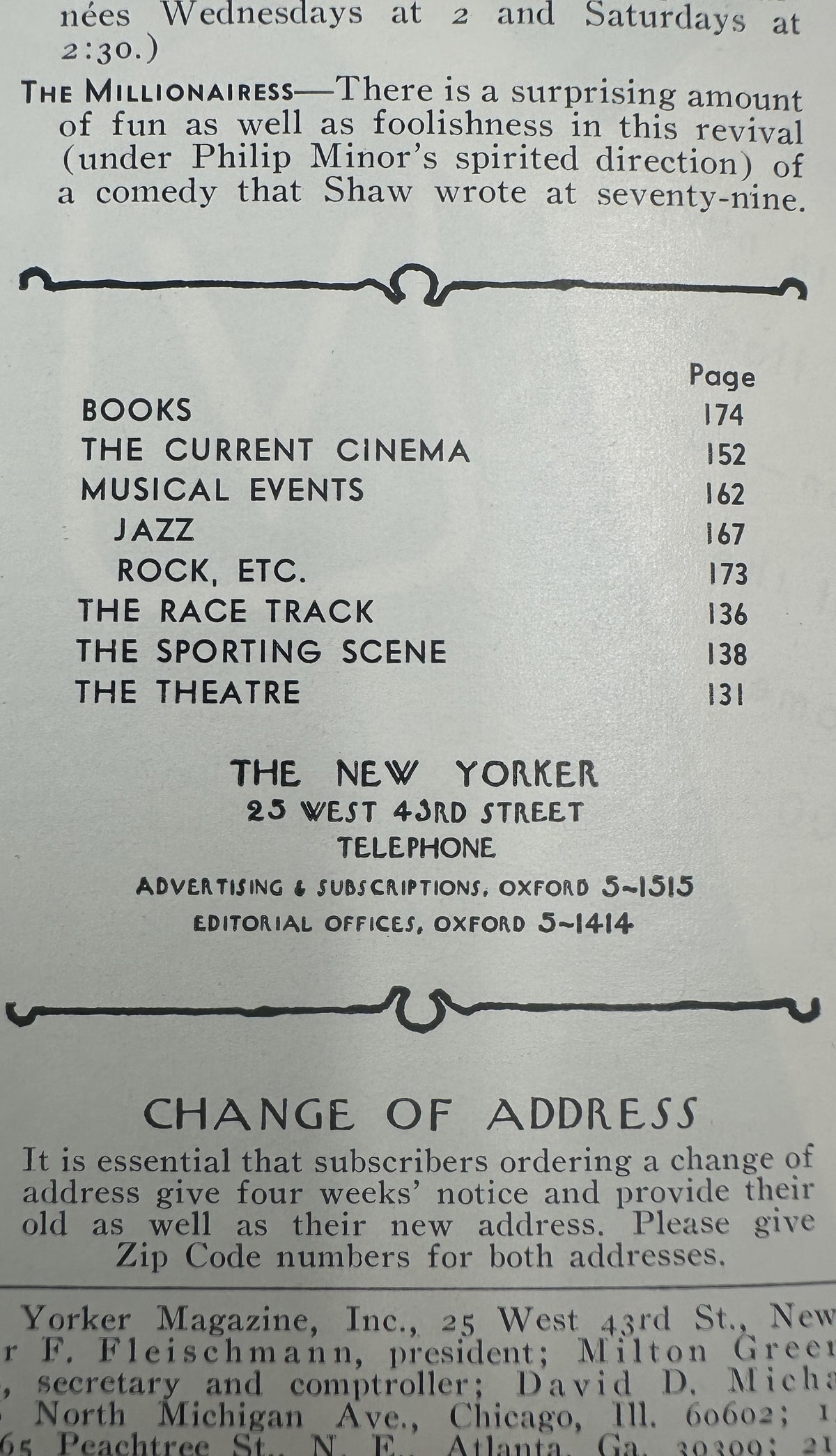 The New Yorker Magazine March 15, 1969 Irish Parade Anatol Kovarsky Cover interior contents page showing listings for books, cinema, musical events, jazz, rock, theater, sports, and race track features