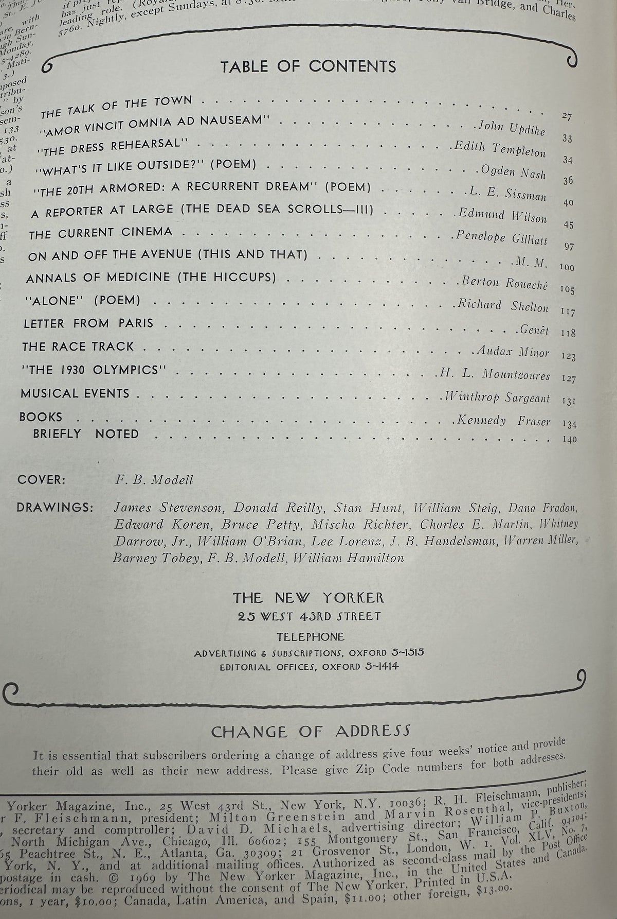 The New Yorker Magazine April 5, 1969 Easter Bunnies F. B. Modell Cover open to the table of contents page listing articles, poems, drawings, and contributors.