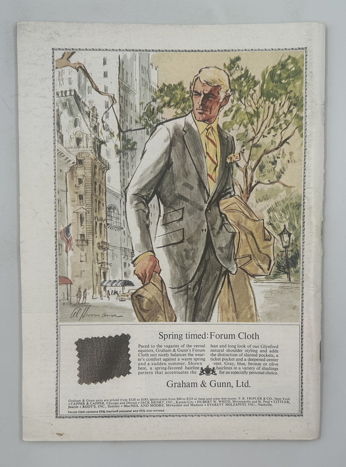 The New Yorker Magazine April 5, 1969 Easter Bunnies F. B. Modell Cover showing a vintage Graham & Gunn, Ltd. clothing advertisement with an illustrated man in a gray suit walking through New York City.
