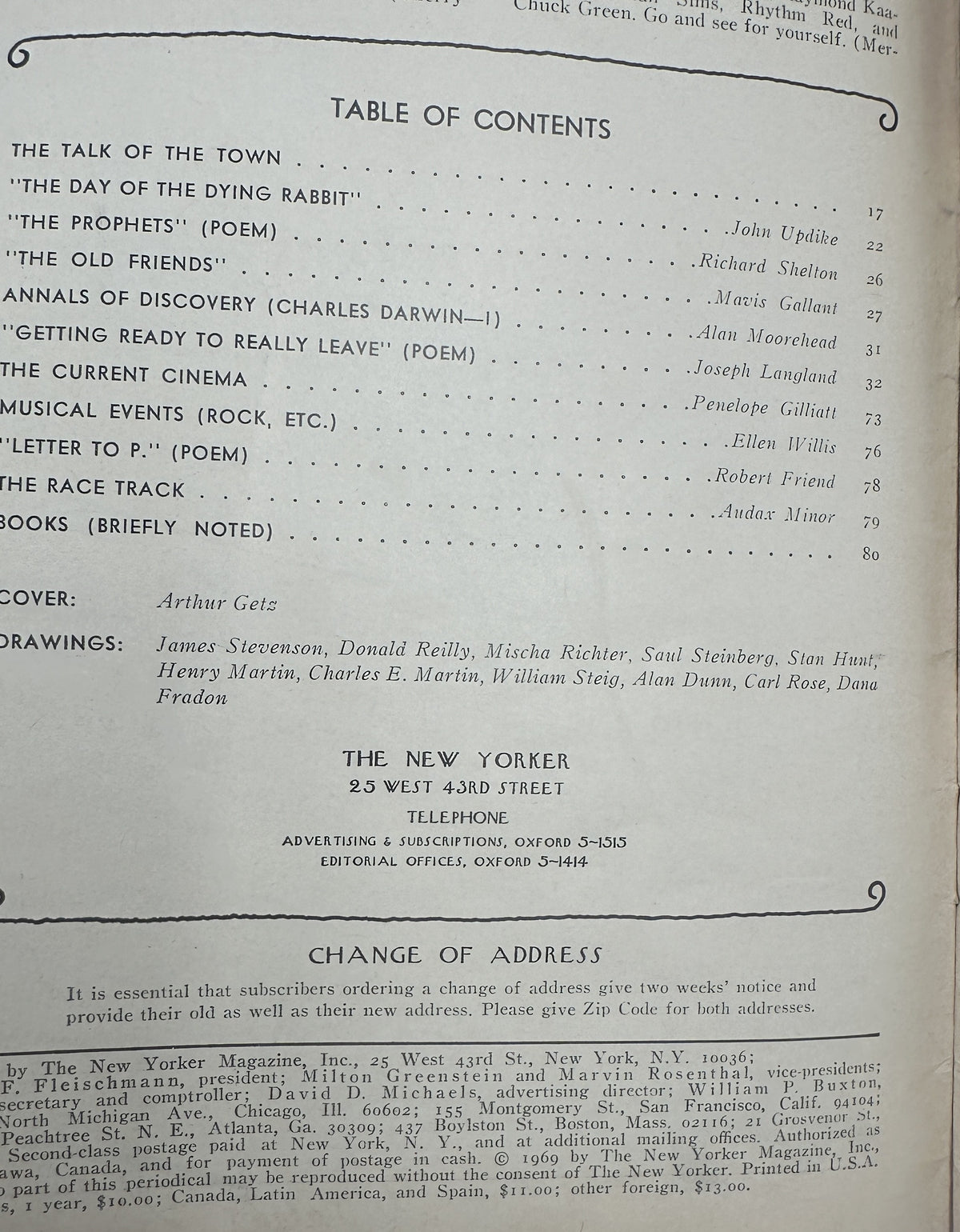 The New Yorker Magazine August 30, 1969 Tree Street Arthur Getz Cover, showing the issue's table of contents and contributor listings