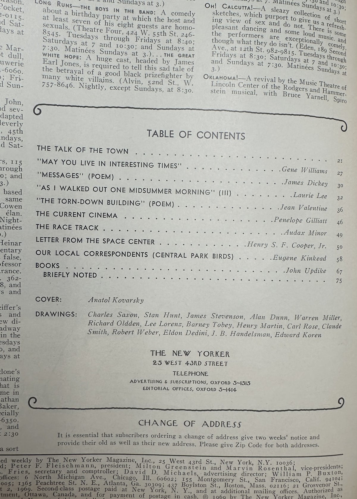 The New Yorker Magazine August 2, 1969 Beach Parking Anatol Kovarsky Cover VG showing the table of contents page with articles, poems, book reviews, and Anatol Kovarsky cover credit