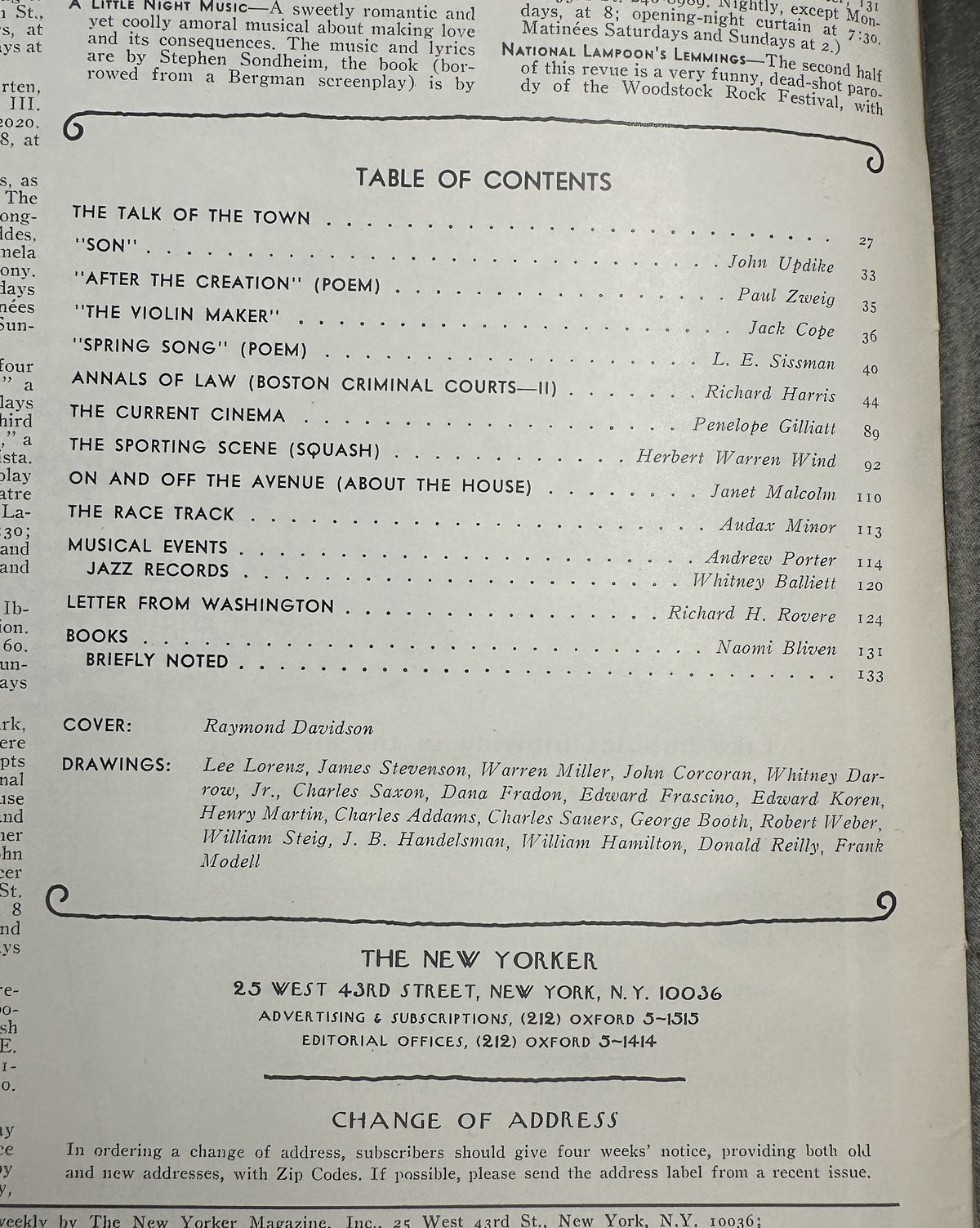 The New Yorker Magazine April 21, 1973 City Buildings Raymond Davidson Cover VG, interior table of contents page listing articles, poems, drawings, and contributors