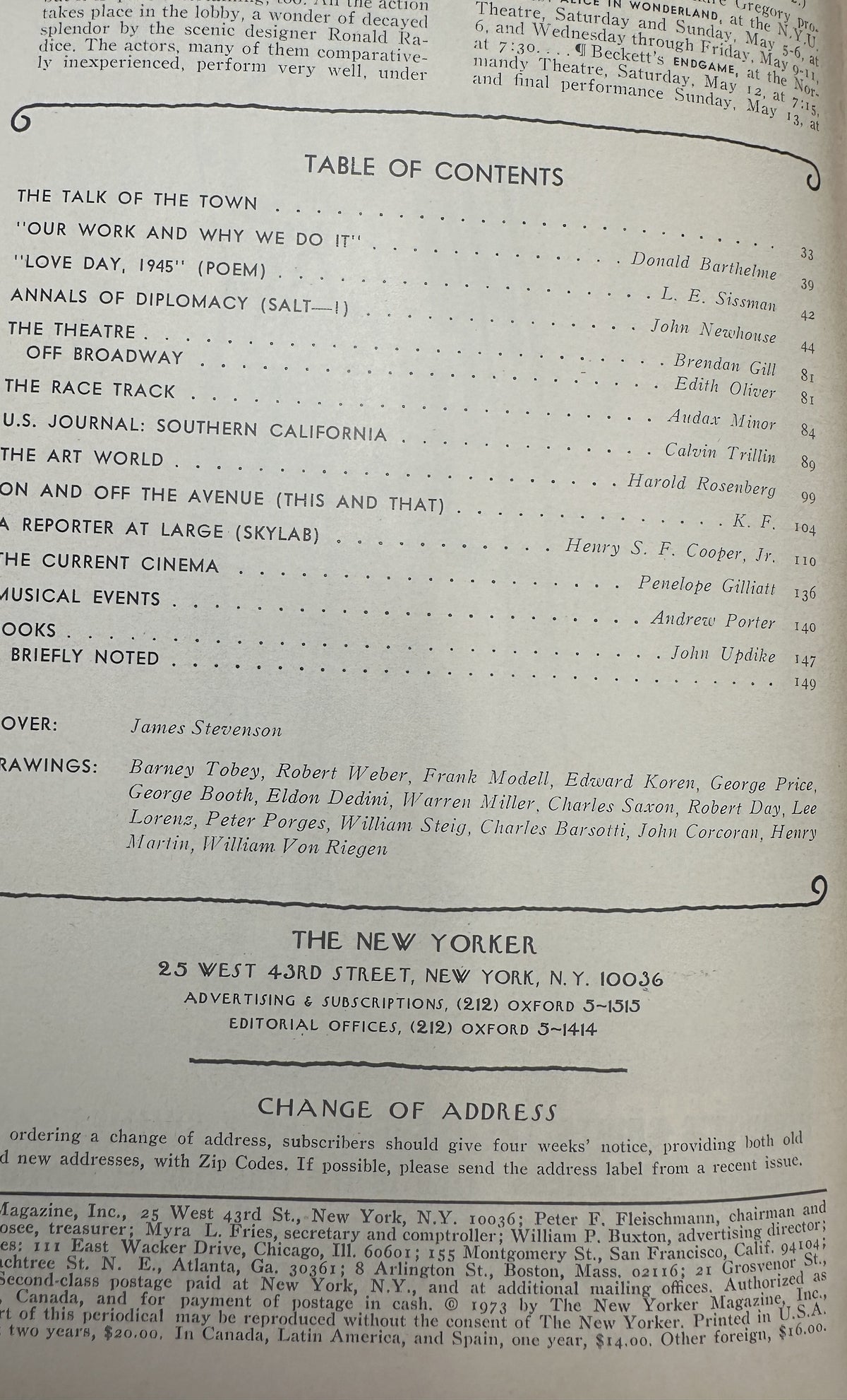The New Yorker Magazine May 5, 1973 Birdwatching James Stevenson Cover VG, showing the table of contents and publication information page.
