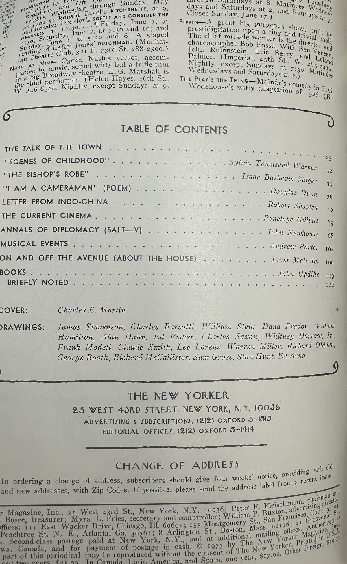 The New Yorker Magazine June 2, 1973 Graduation Singer Charles E. Martin Cover VG, interior table of contents page listing articles, authors, cover artist Charles E. Martin, and cartoon drawings