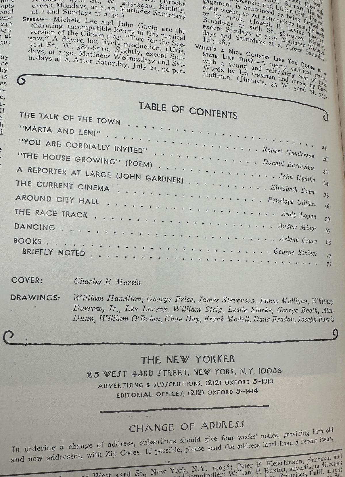 The New Yorker Magazine July 23, 1973 Sailboats Window Charles E. Martin Cover VG, showing the printed table of contents and magazine publication details.