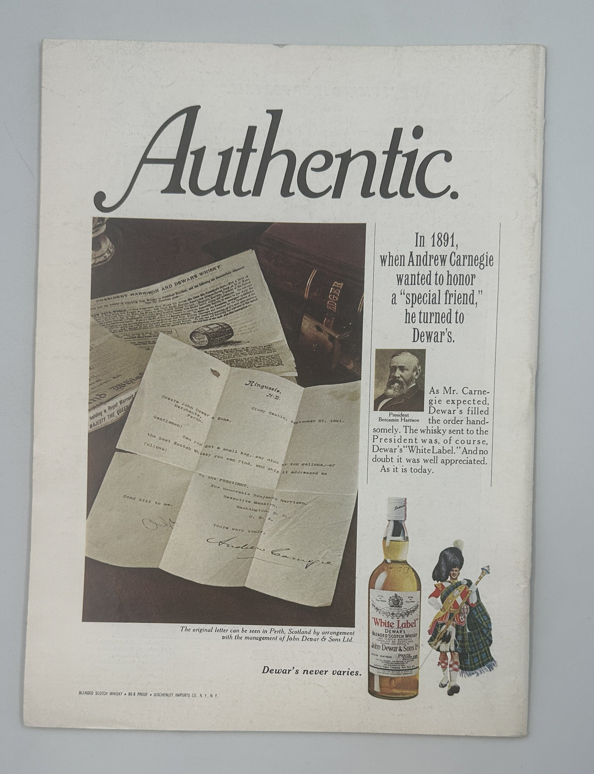 The New Yorker Magazine August 20, 1973 Beach Albert Hubbell Cover VG interior advertisement page titled Authentic, showing historical documents, whiskey, and a Scottish figurine