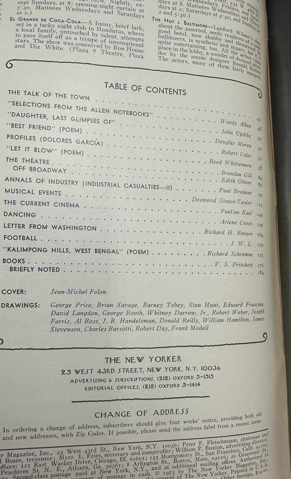 The New Yorker Magazine November 5, 1973 Crowd Hats Jean-Michel Folon Cover VG, showing the printed table of contents and magazine publication details.