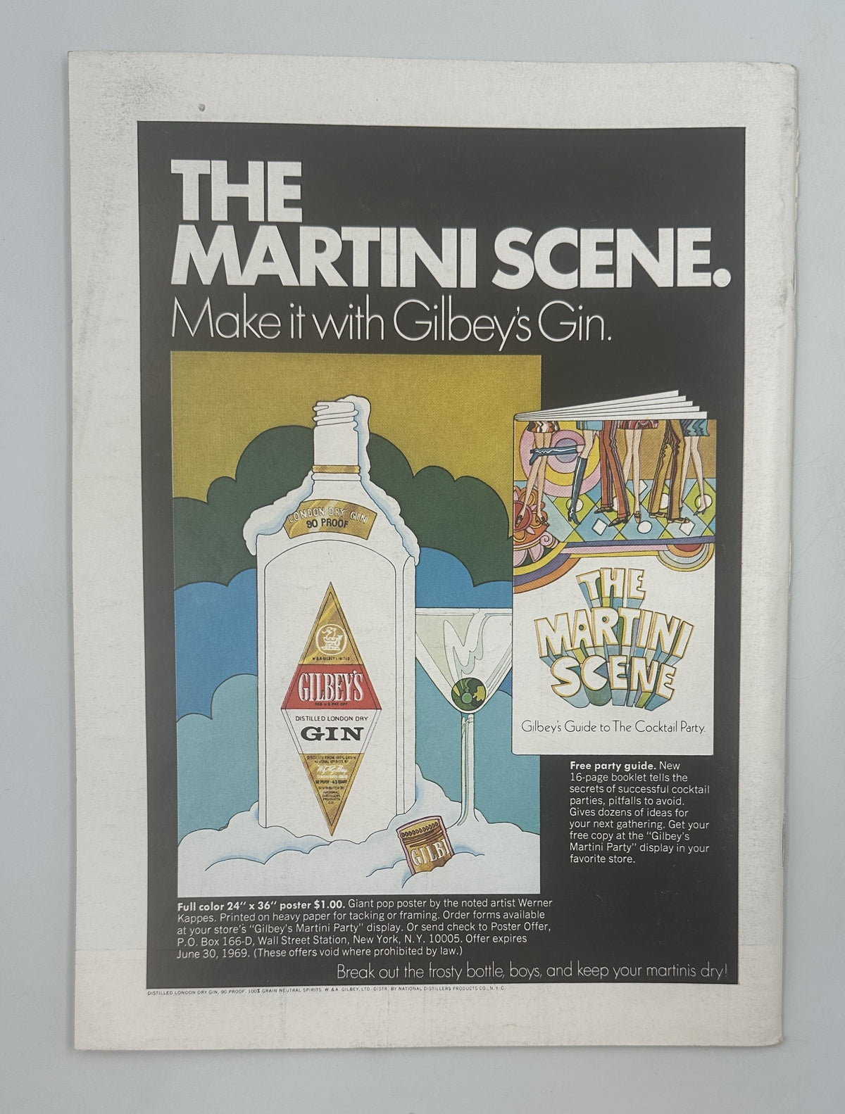 The New Yorker Magazine February 1, 1969 Museum Facade Charles E. Martin Cover VG, interior page featuring a Gilbey's Gin Martini Scene advertisement with illustrated gin bottle and colorful cocktail artwork.