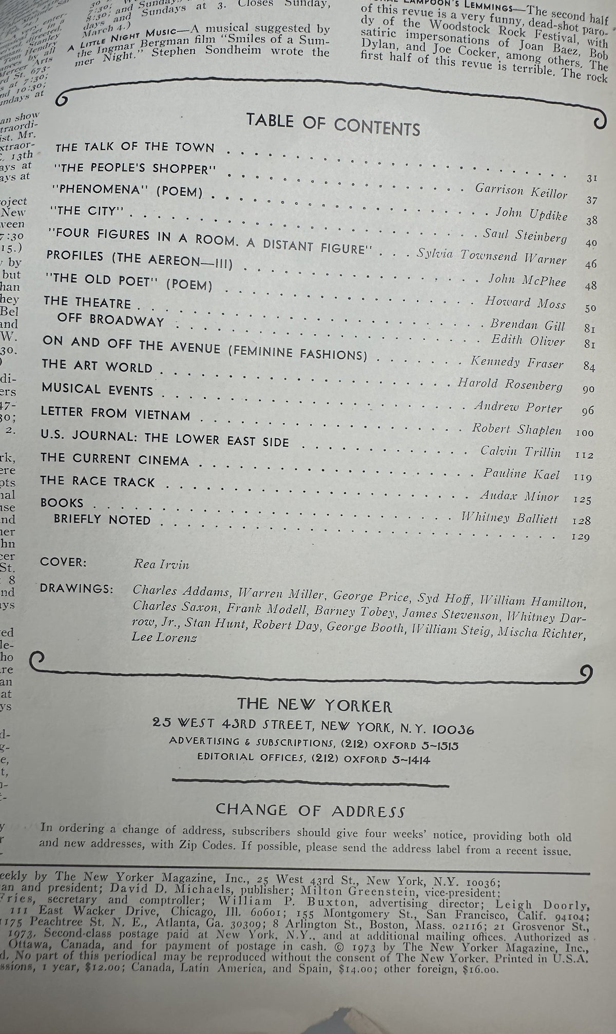The New Yorker Magazine February 24, 1973 Top Hat Rea Irvin Cover VG interior table of contents page with listings for featured articles, poems, theater, art, music, cinema, and drawings