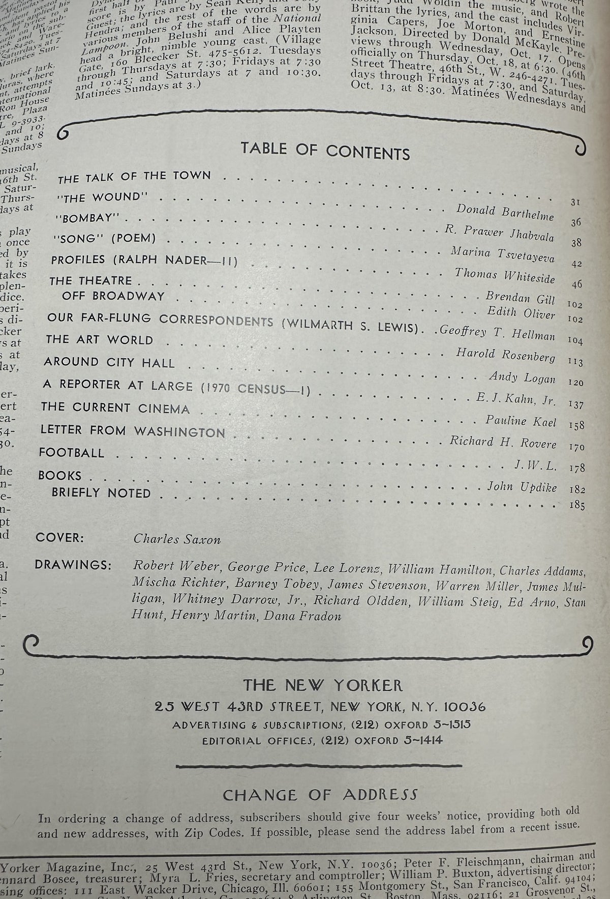 The New Yorker Magazine October 15, 1973 Vote For Postcards Charles Saxon Cover VG, table of contents page listing fiction, profiles, theater, cinema, books, and other articles.