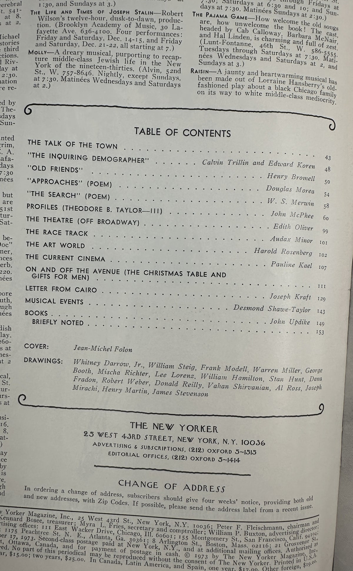 The New Yorker Magazine December 17, 1973 Nighttime Christmas City Scene Jean-Michel Folon Cover VG, showing the printed table of contents and editorial listings.