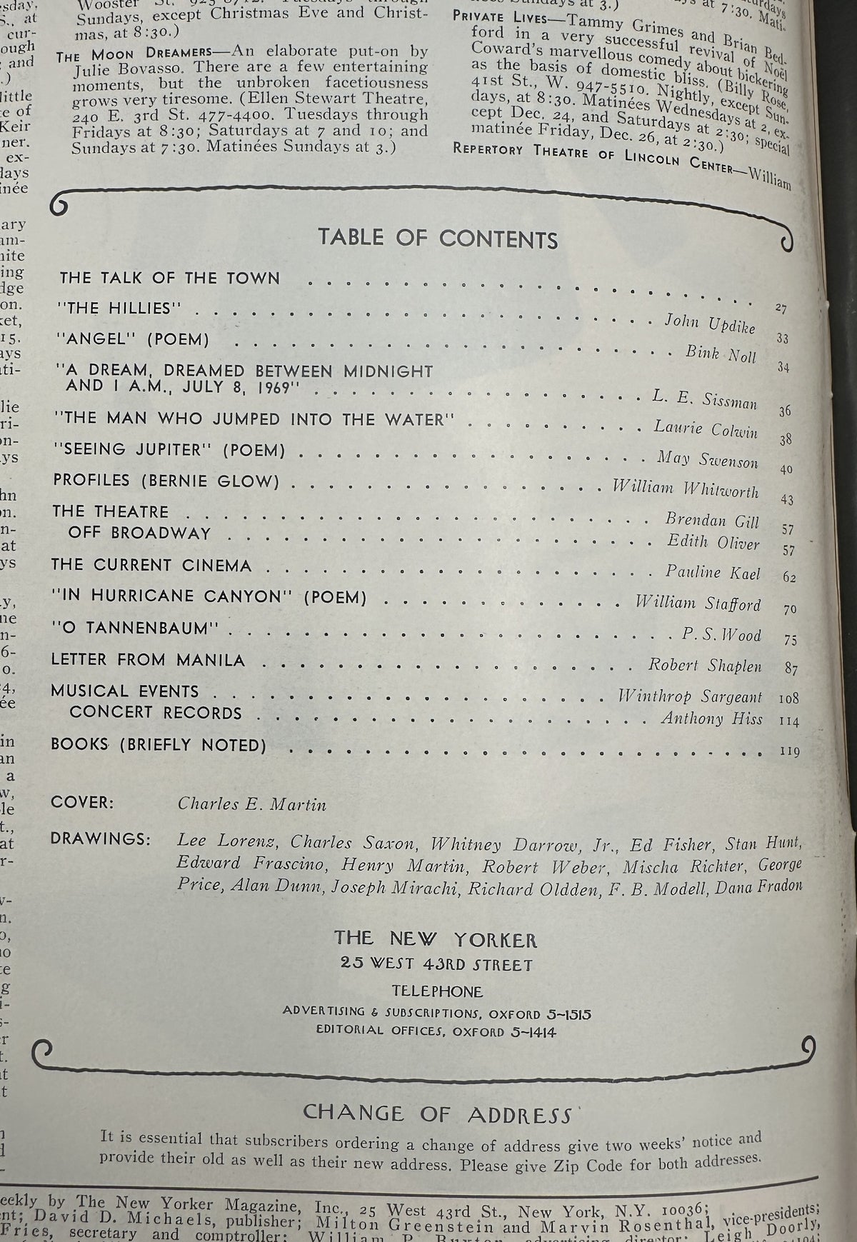 The New Yorker Magazine December 20, 1969 Abstract Christmas Tree Charles E. Martin Cover VG, showing the printed table of contents with articles, poems, reviews, and cover and drawings credits.