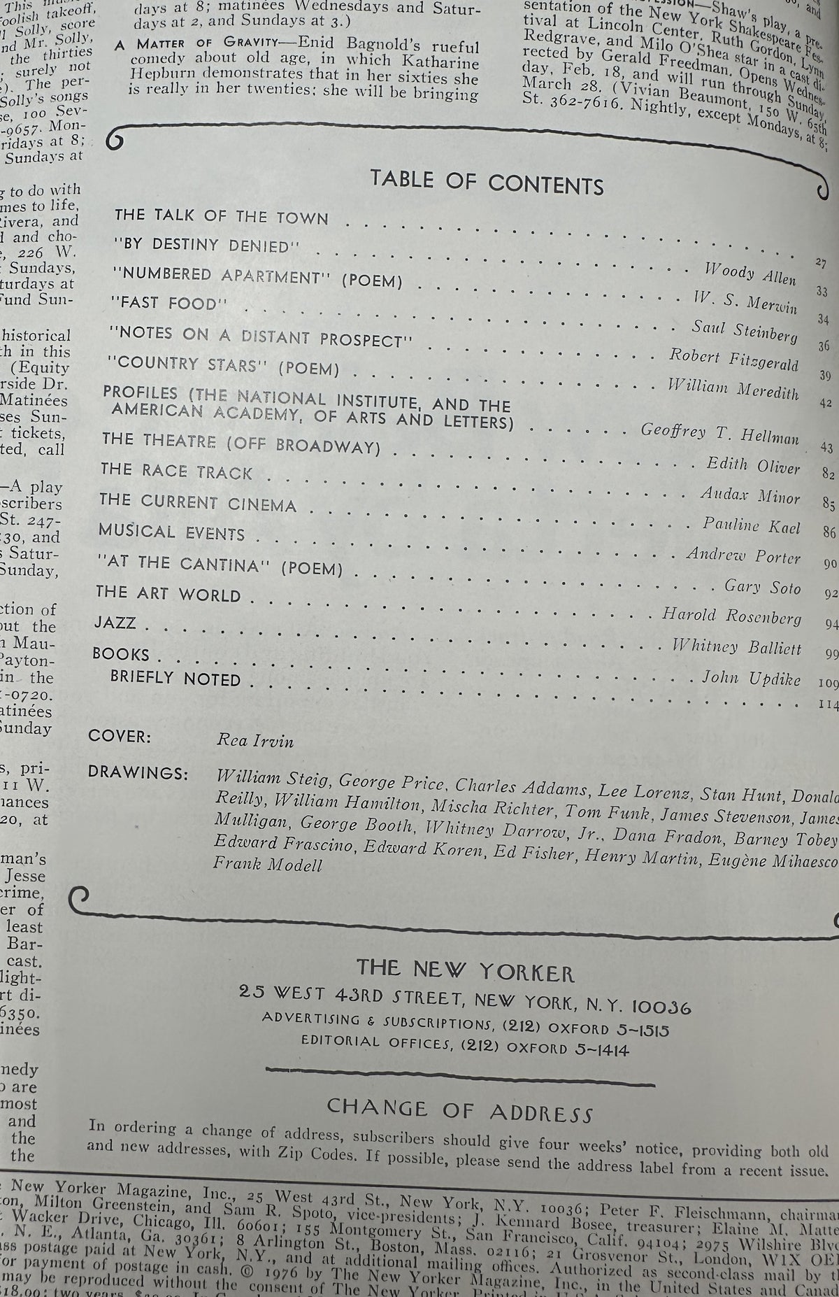 The New Yorker Magazine February 23, 1976 Top Hat Butterfly Rea Irvin Cover VG, showing the issue's table of contents and publication information.