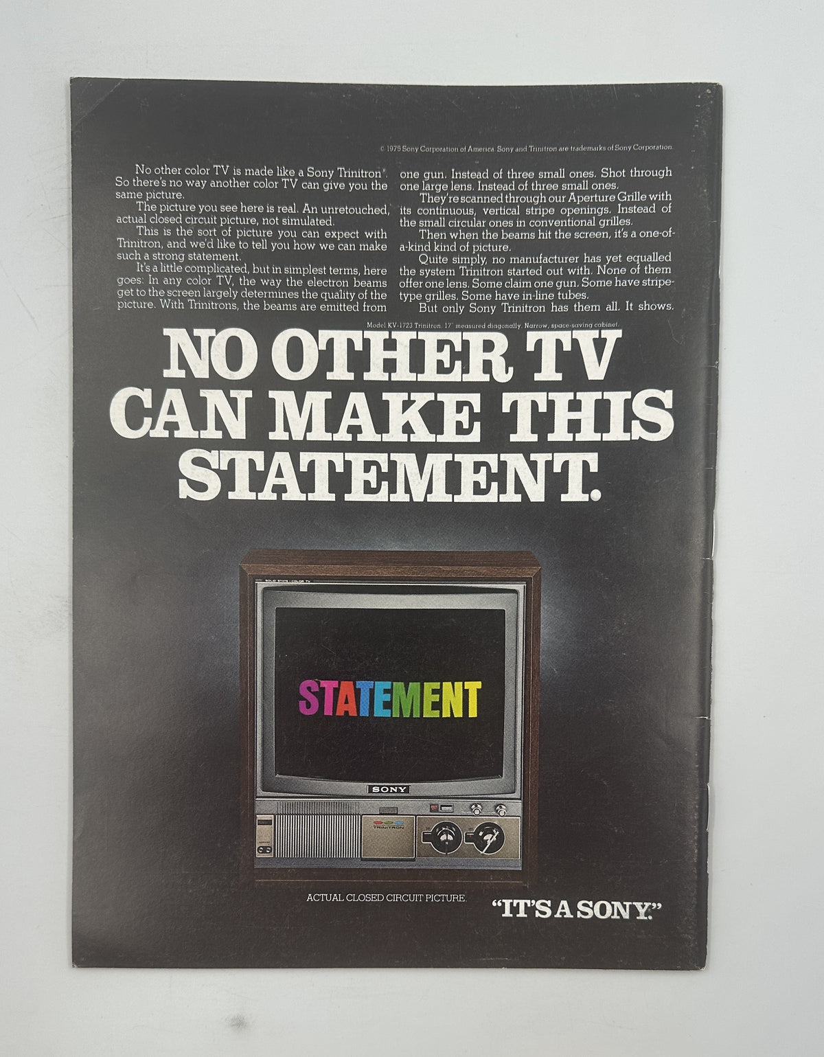 The New Yorker Magazine March 1, 1976 War Monument Niculae Asciu Cover VG, vintage television advertisement reading “No Other TV Can Make This Statement” with a color TV displaying the word “Statement”