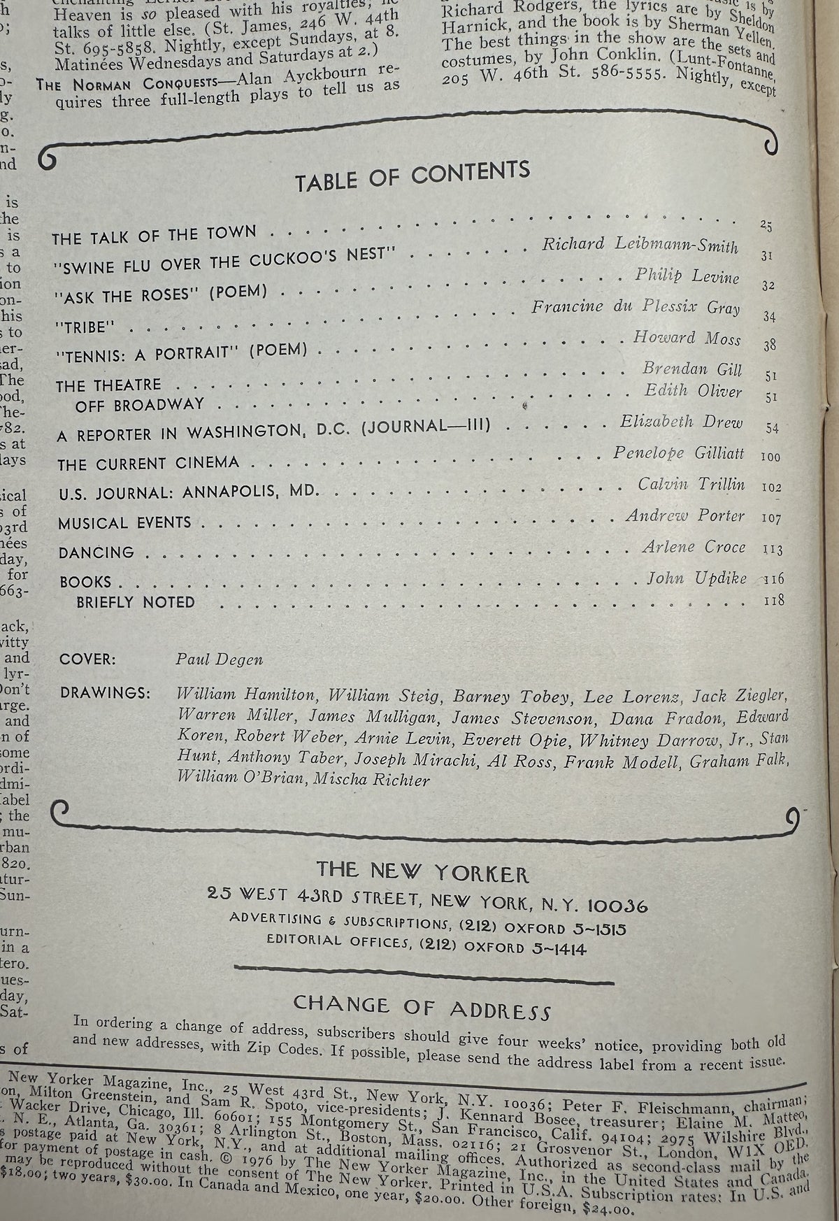The New Yorker Magazine May 31, 1976 Abstract Horse Rider Paul Degen Cover VG, showing the printed table of contents and contributor listings inside the issue.