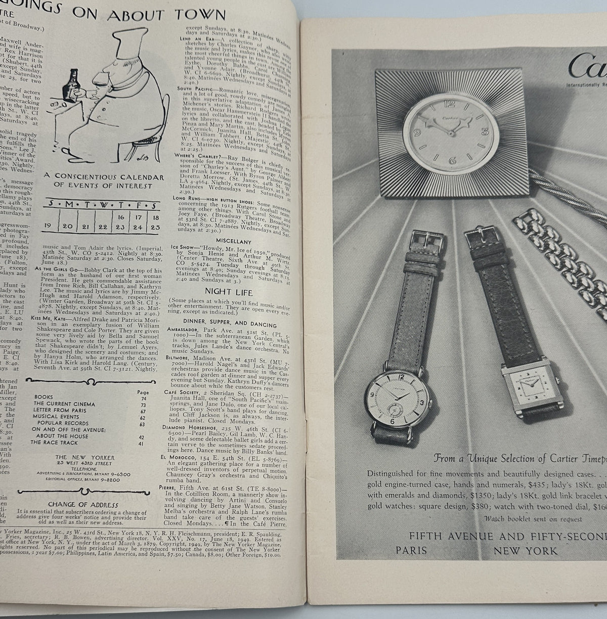 The New Yorker Magazine June 18, 1949 Horse Show Edna Eicke Cover interior pages showing On and About Town listings alongside a vintage Cartier watch advertisement