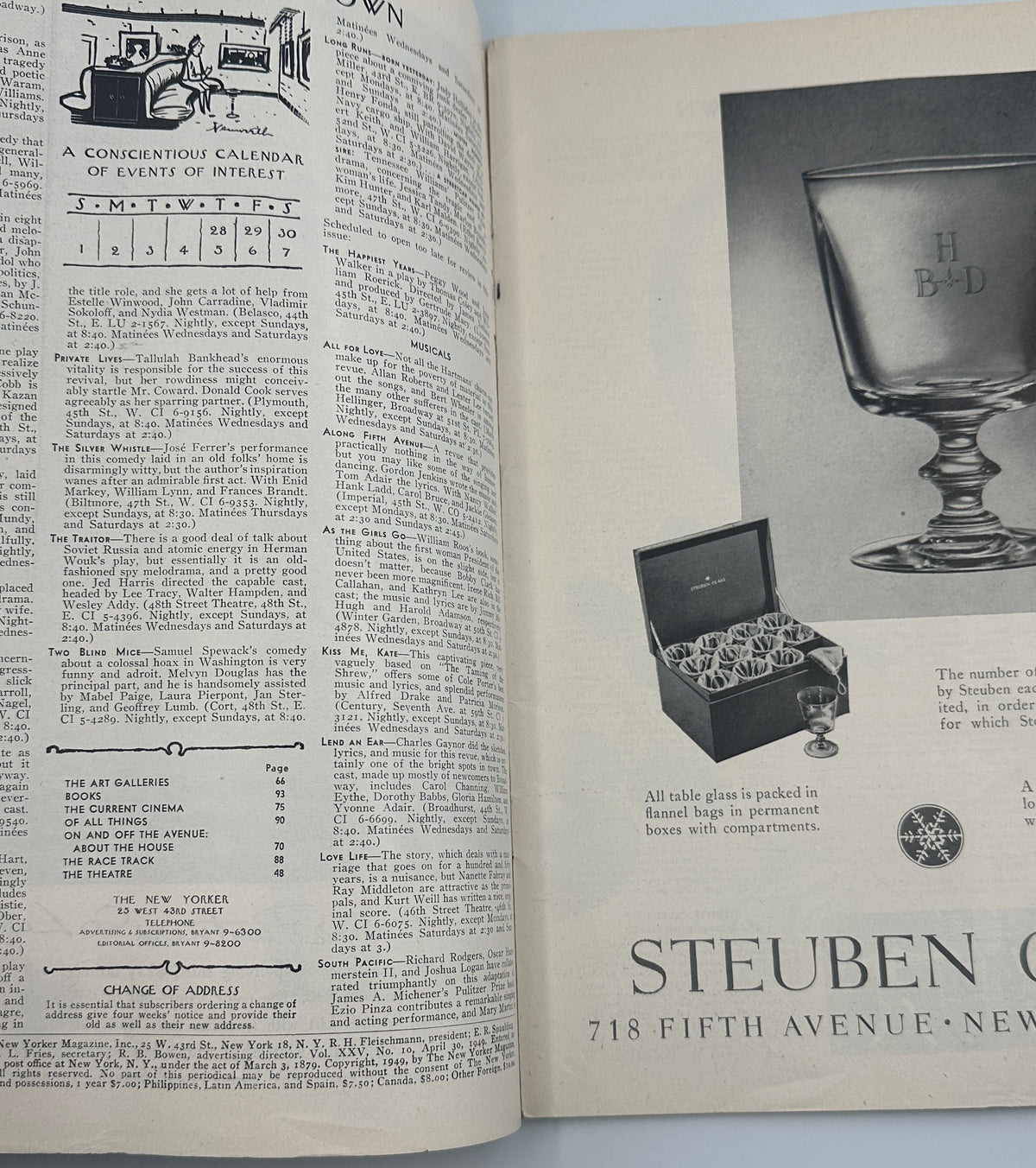 The New Yorker Magazine April 30, 1949 Nightclub Constantin Aladjalov Cover shown open to an interior contents page beside a Steuben glass advertisement.