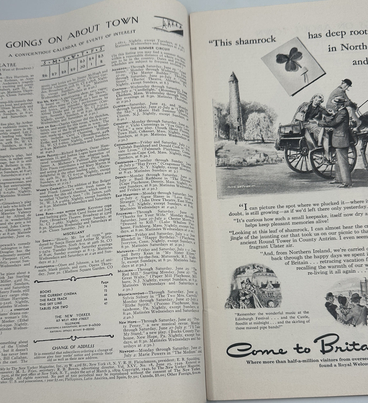 The New Yorker Magazine June 25, 1949 Chorus Girls Garrett Price Cover interior page spread showing the Going On About Town listings and vintage illustrated advertising.