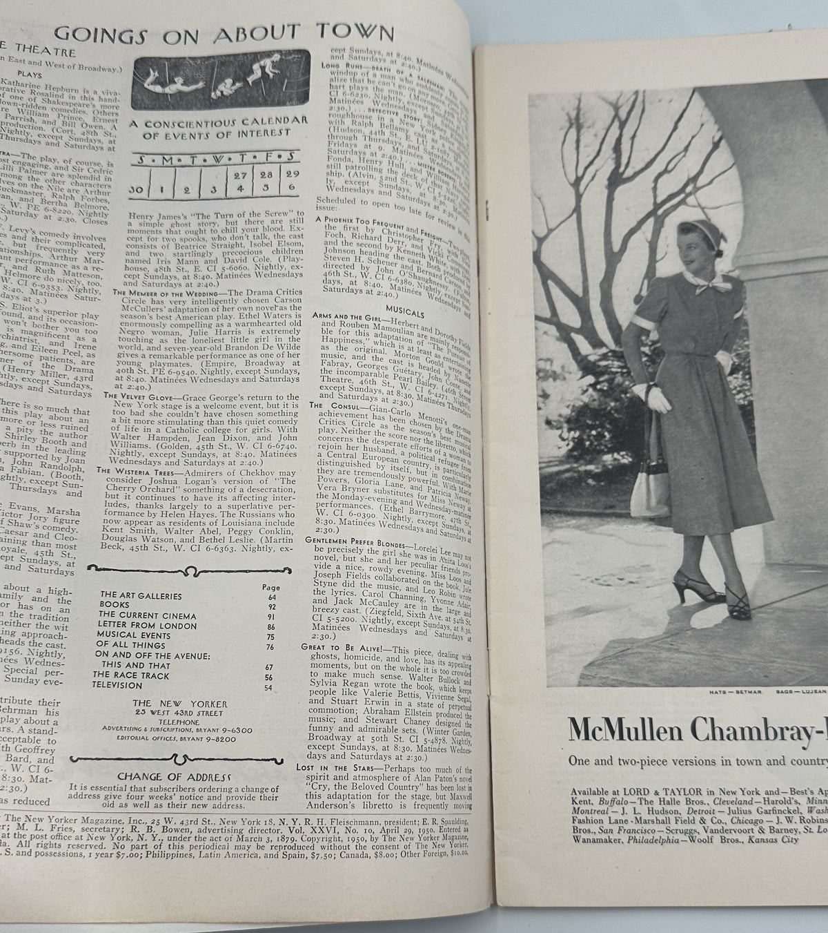 The New Yorker Magazine April 29, 1950 Child Television Garrett Price Cover interior spread featuring the Going On About Town column and a McMullen chambray fashion advertisement