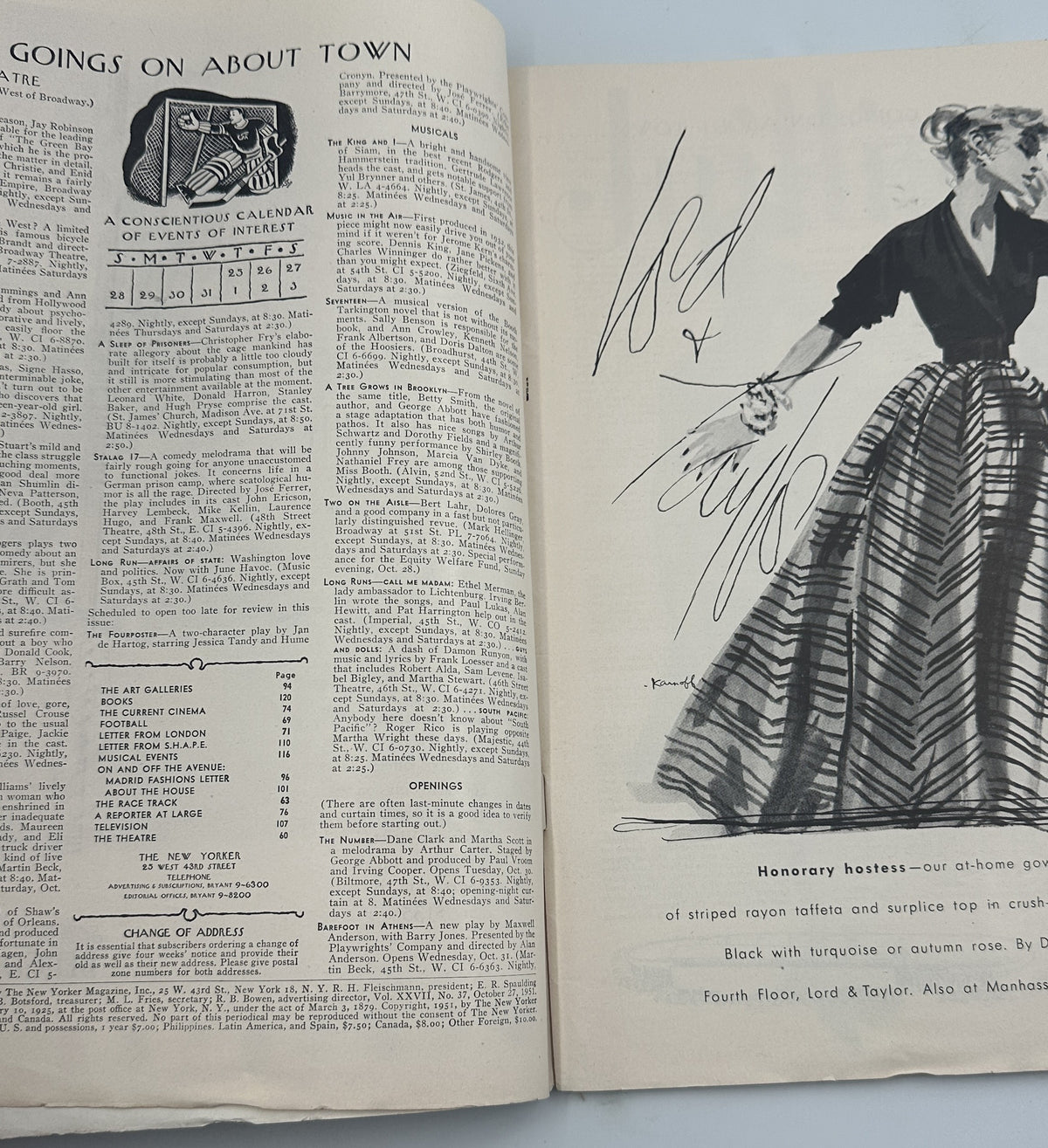 The New Yorker Magazine October 27, 1951 Football Locker Room Leonard Dove Cover, shown open to an interior spread with the Goings On About Town section and a fashion illustration.
