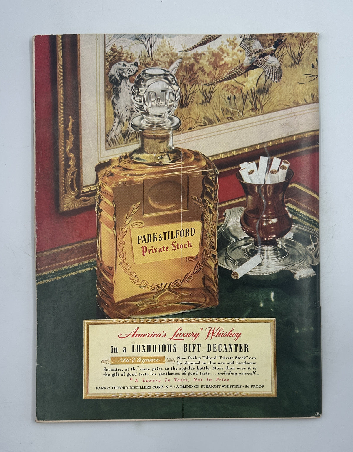 The New Yorker Magazine October 13, 1951 Night Street Cinema Arthur Getz Cover featuring a vintage Park & Tilford Private Stock whiskey advertisement with a decanter, tumbler, and framed interior scene