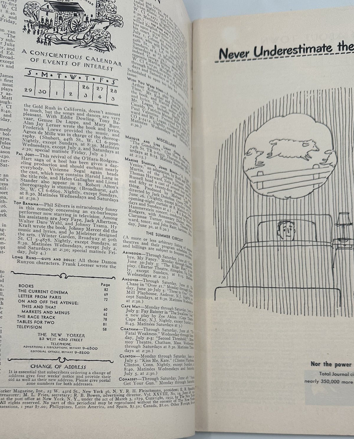 The New Yorker Magazine June 28, 1952 Night Harbor Ship Arthur Getz Cover interior page showing the table of contents, editorial text, and a vintage illustrated advertisement.